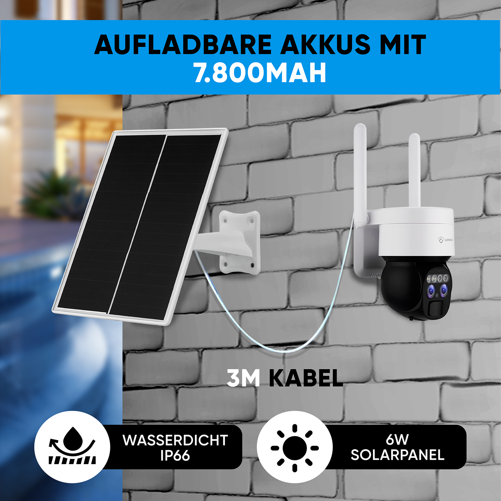 Solarpanel und Sicherheitskamera-Kombination. Weiße Ziegelmauer im Hintergrund.