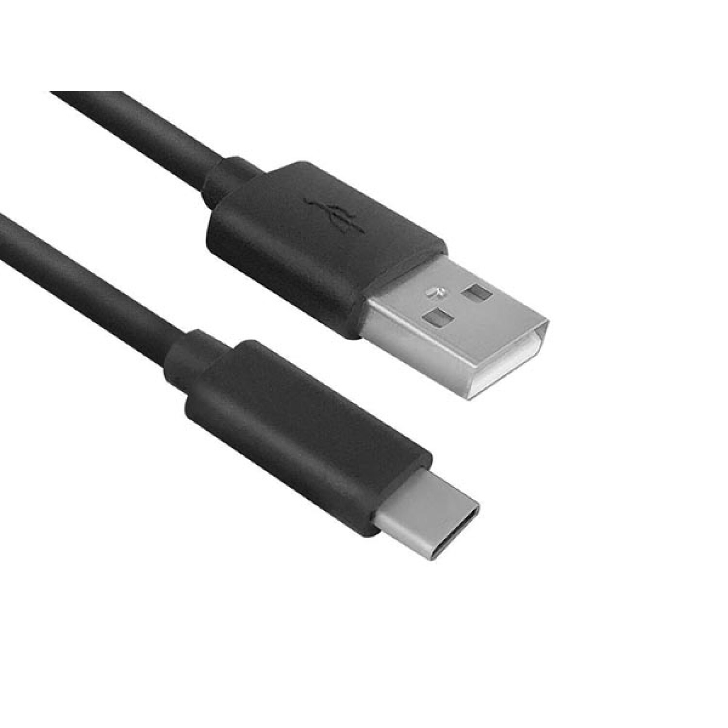 Ein schwarzes USB-Kabel mit zwei Steckern: USB-A und USB-C, vor weißem Hintergrund.