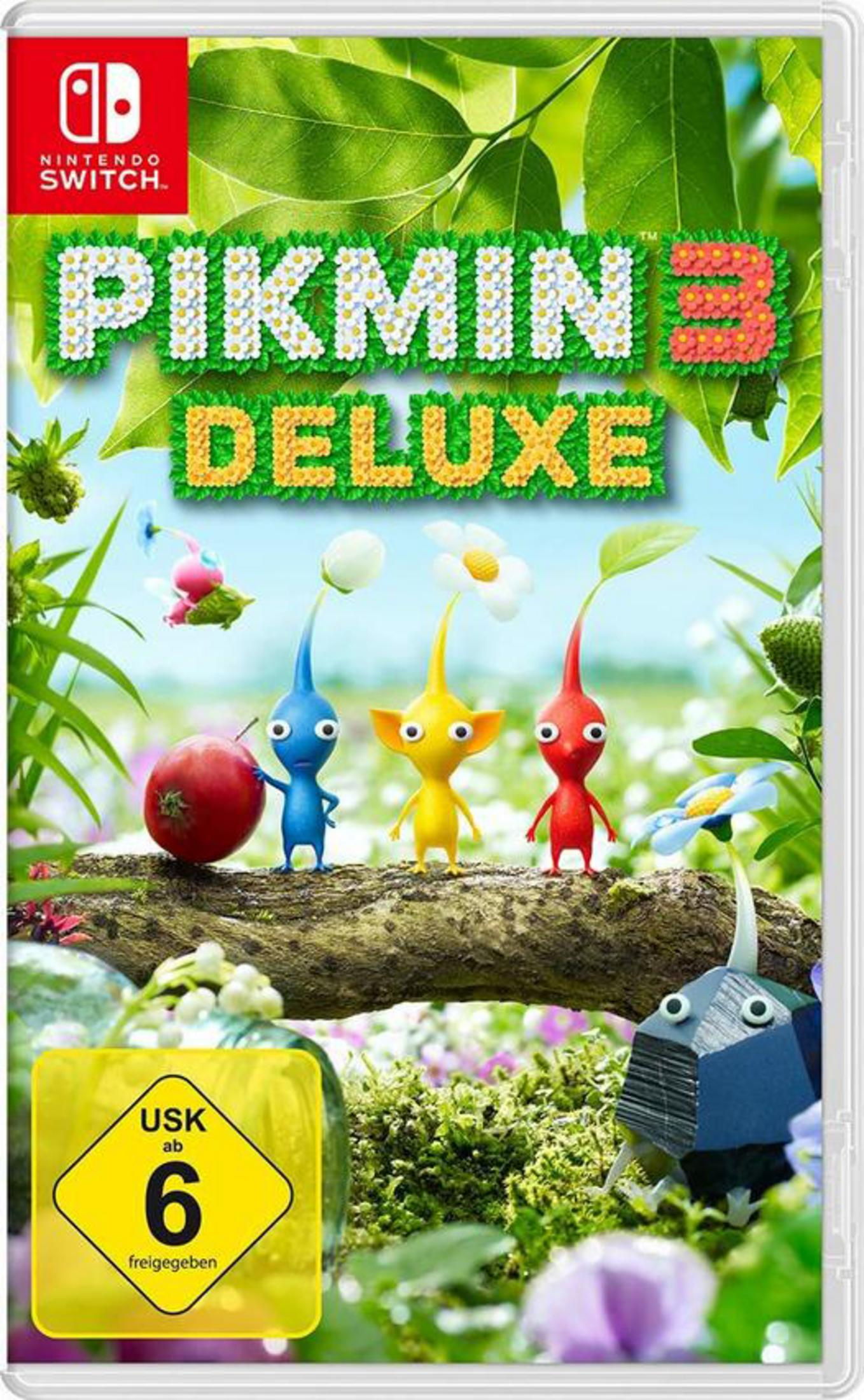 Nintendo Switch Spielbox: Pikmin 3 Deluxe. Mit drei Pikmin-Charakteren und einem roten Apfel.