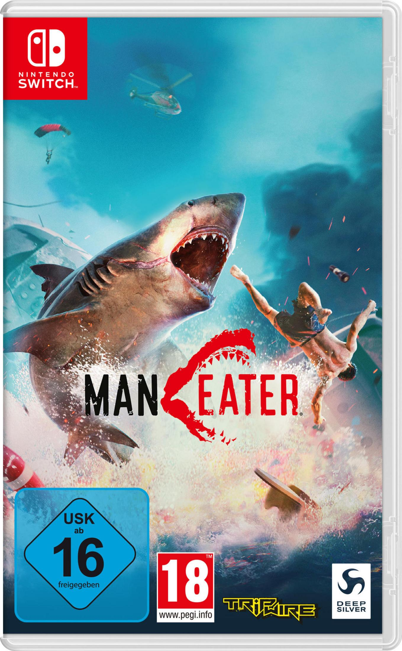 Pudełko z grą Nintendo Switch, okładka przedstawia rekina atakującego osobę w oceanie. Tytuł gry to Maneater.