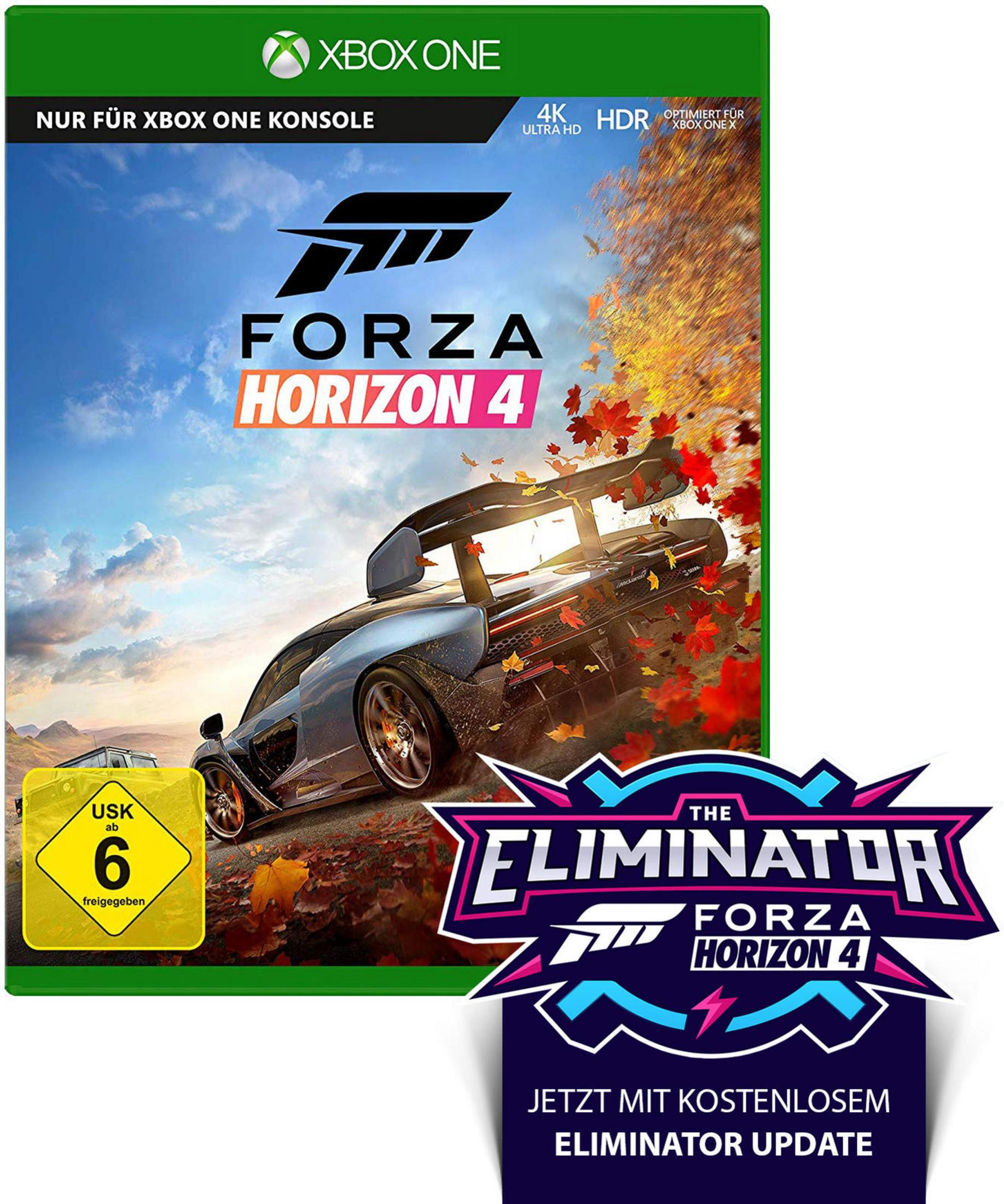 Forza Horizon 4 Spielbox mit Autobild und einem Spiel-Add-on.