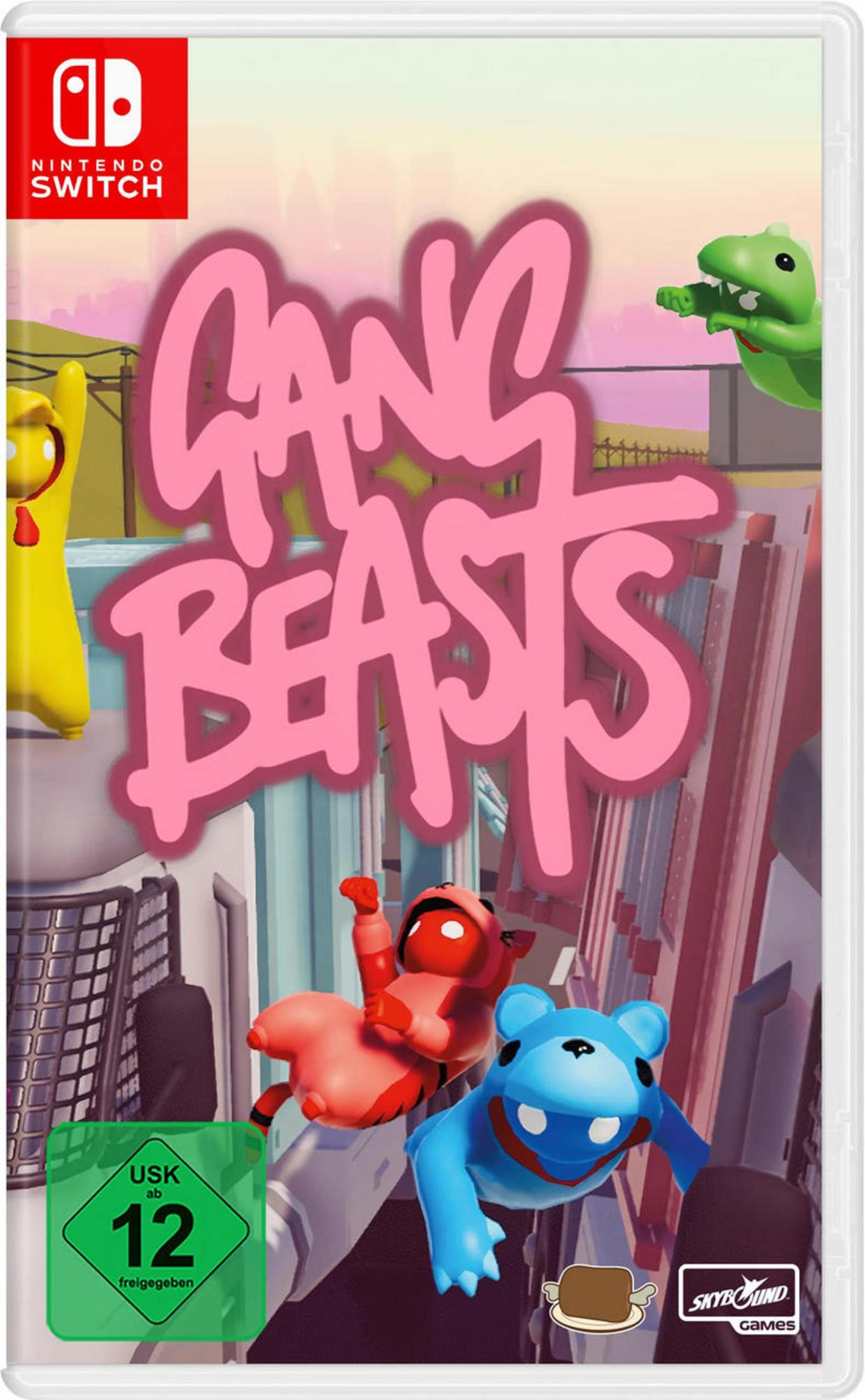 Gang Beasts Spielbox mit Zeichentrickfiguren, die kämpfen. Weißer Hintergrund.