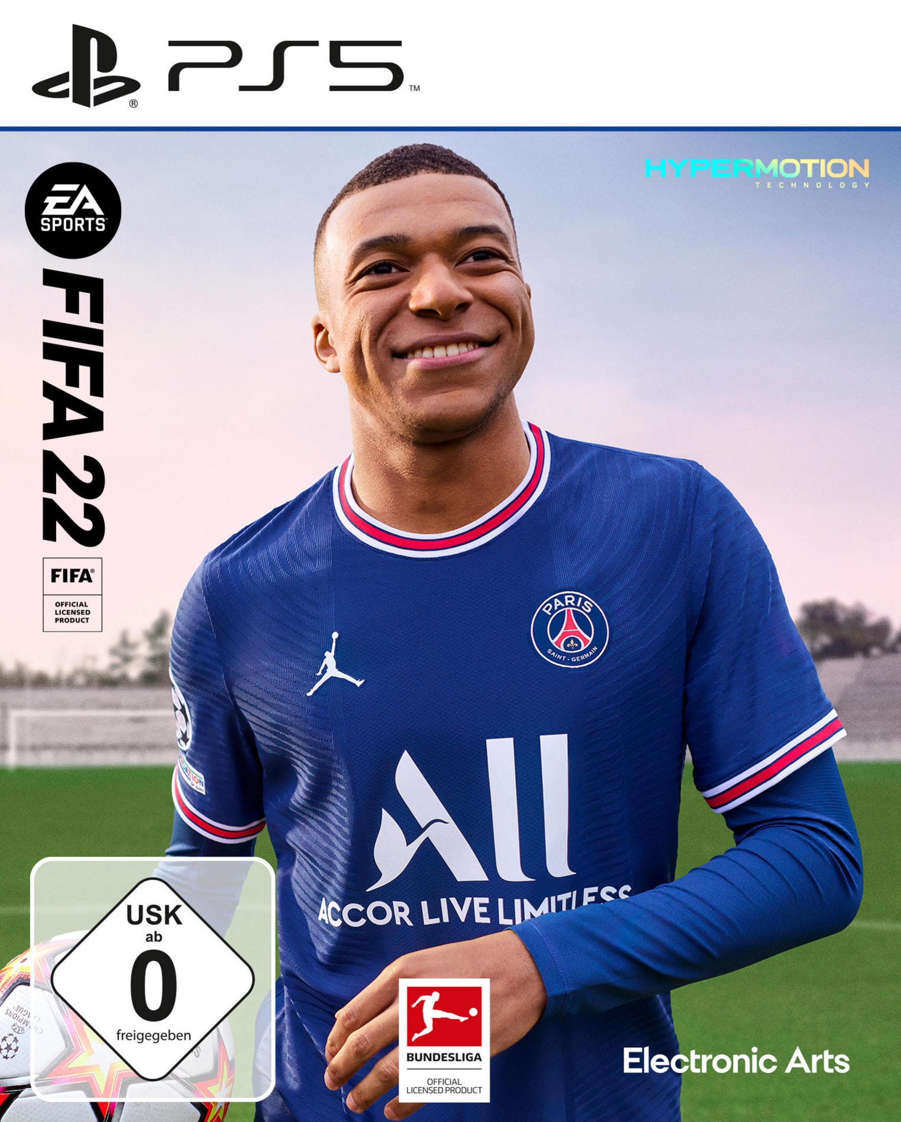 FIFA 22 Spielbox mit Kylian Mbappé auf dem Cover. PS5-Logo sichtbar.