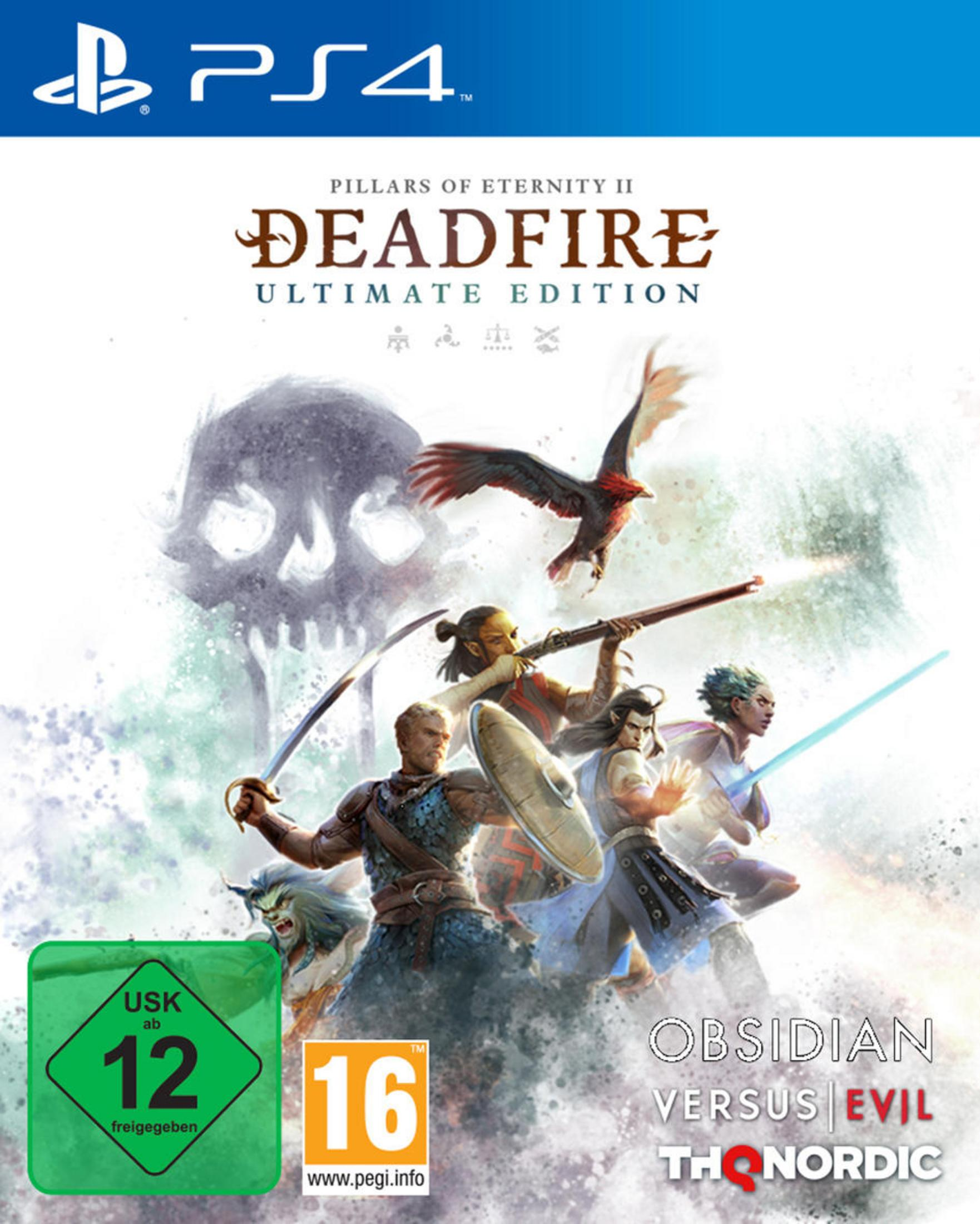 PS4-Spielcover von 'Pillars of Eternity II: Deadfire' mit Fantasy-Charakteren und einem Totenkopf.