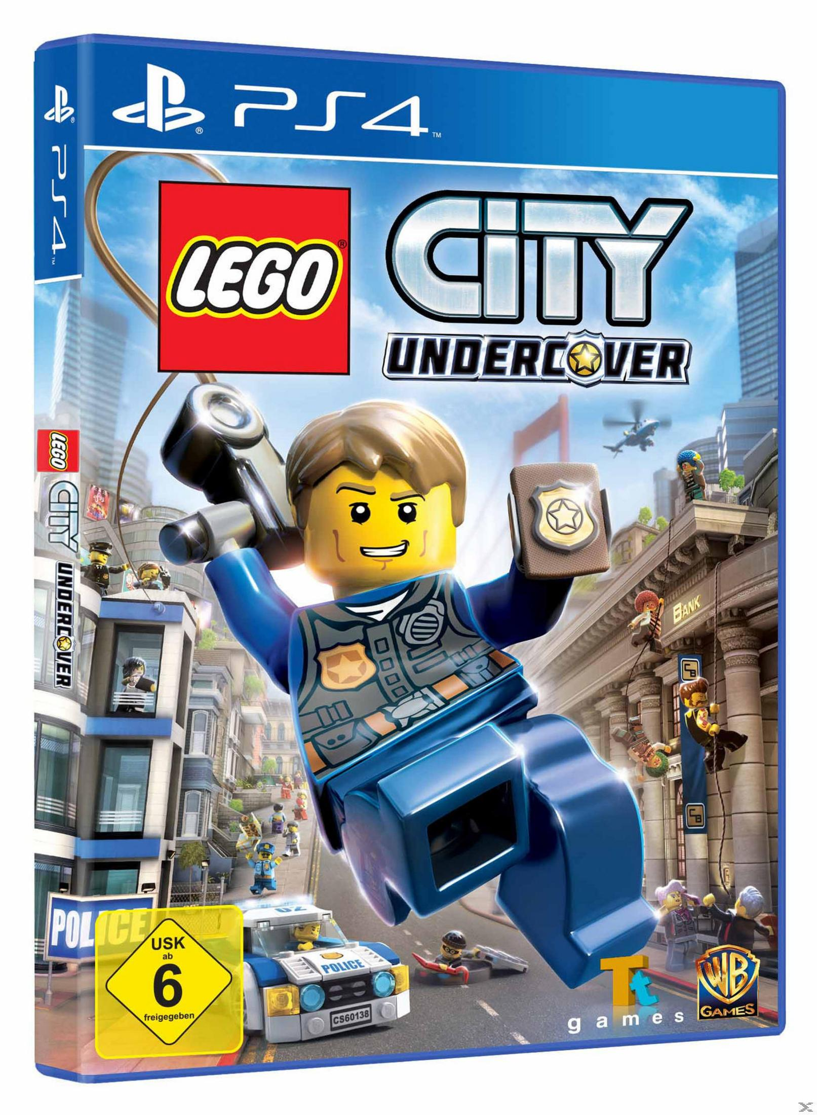 PS4-Spielhülle, Lego City Undercover. Lego-Figur mit Abzeichen. Stadt-Hintergrund.