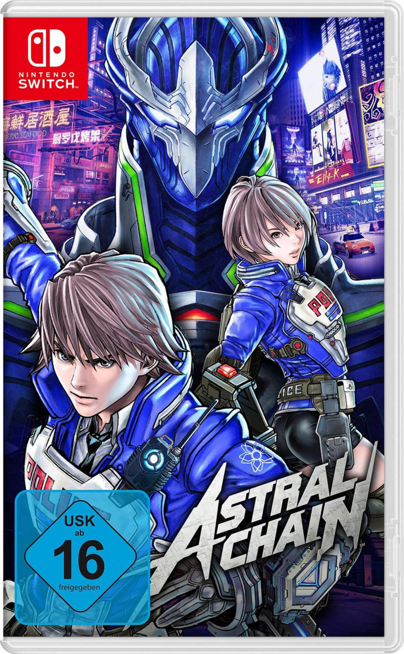Nintendo Switch Spielverpackung: 'Astral Chain' mit Anime-Charakteren und USK-Einstufung.
