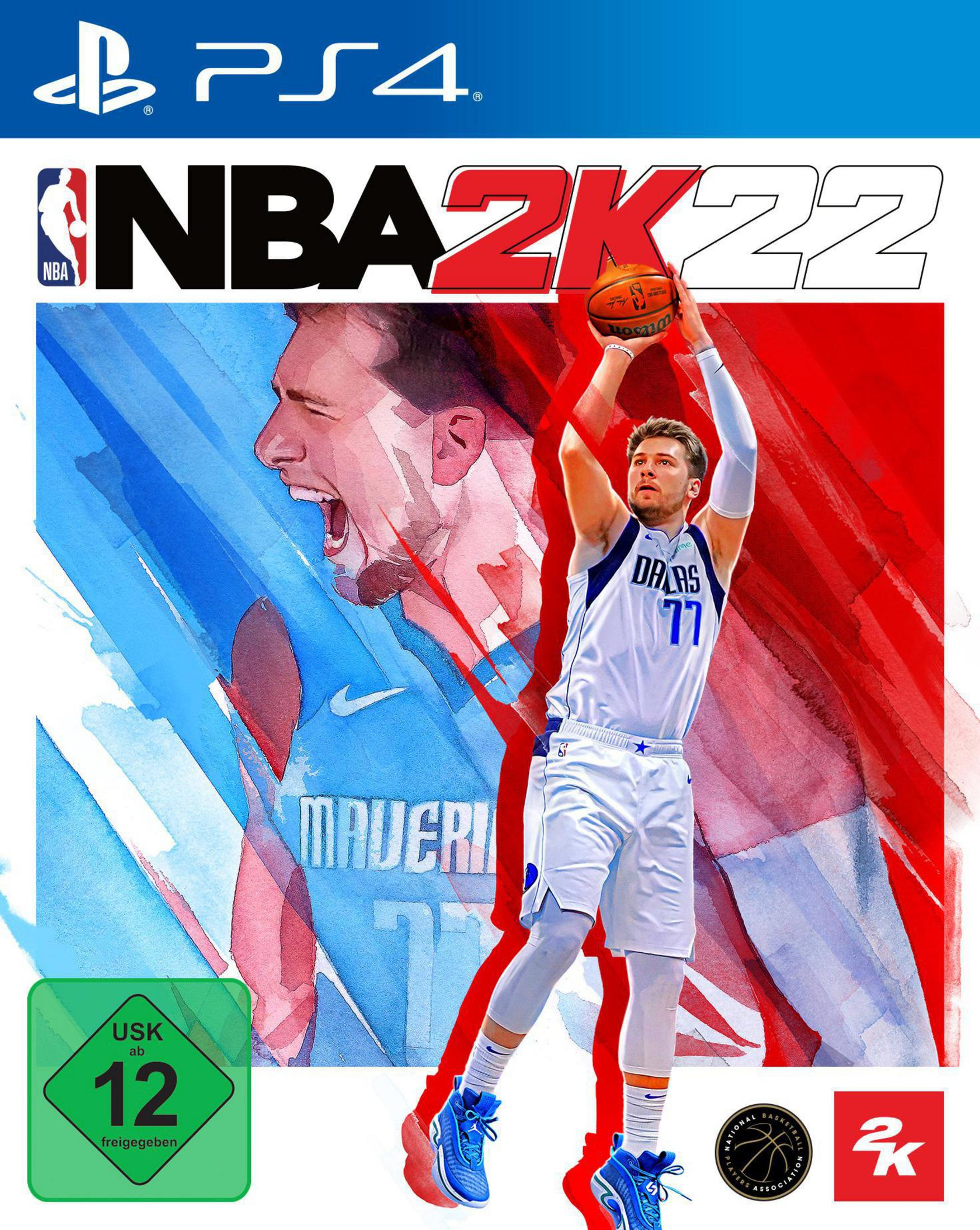 NBA 2K22 Spielbox mit Basketballspieler und Court-Art. Rotes und blaues Thema.