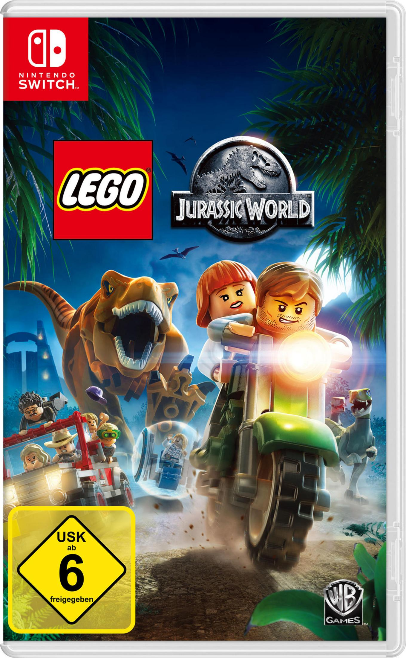 LEGO Jurassic World Nintendo Switch Spielcover. Zeigt LEGO Charaktere und Dinosaurier.