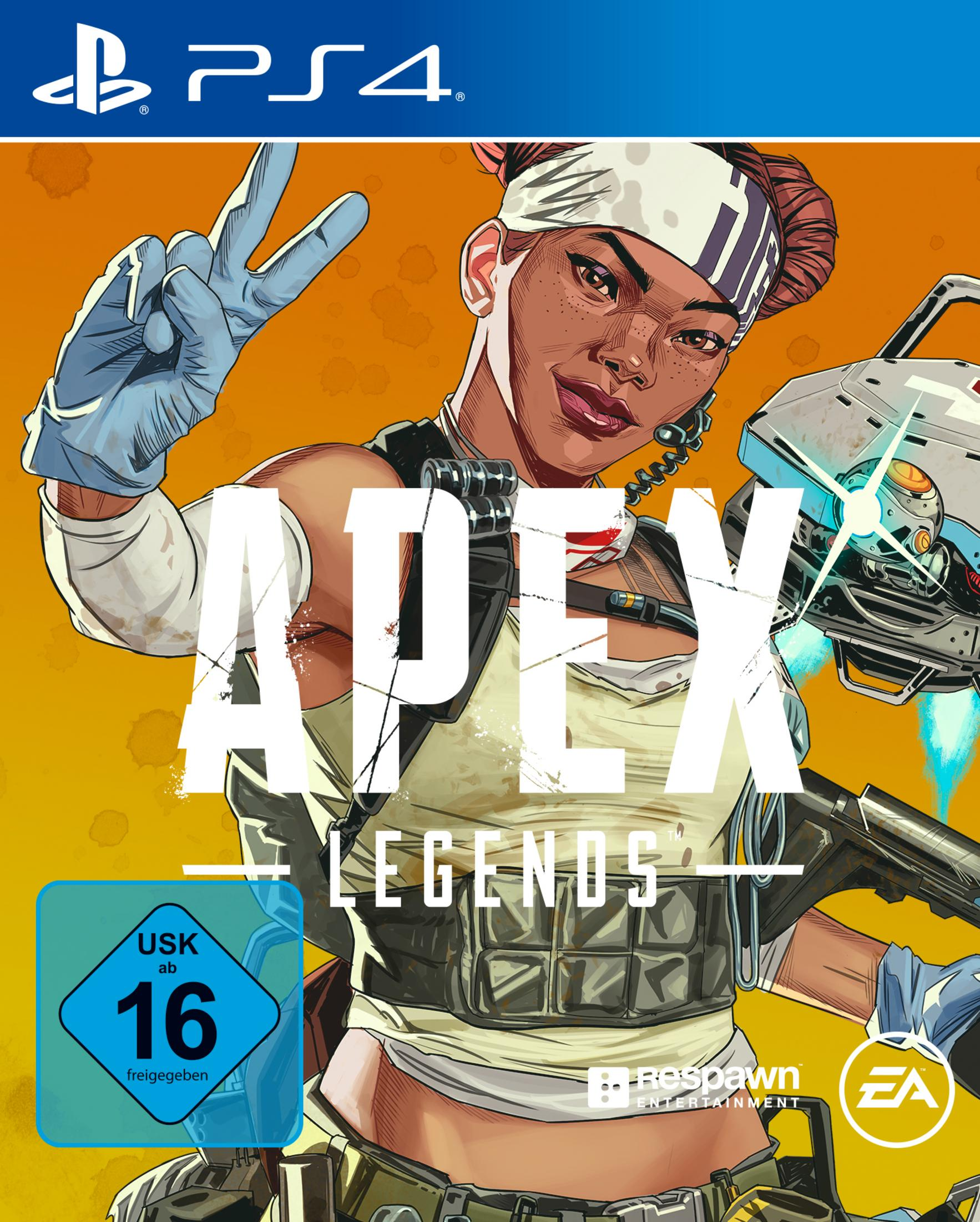 Apex Legends PS4-Spielcover. Eine weibliche Figur mit einer Waffe auf gelbem Hintergrund.