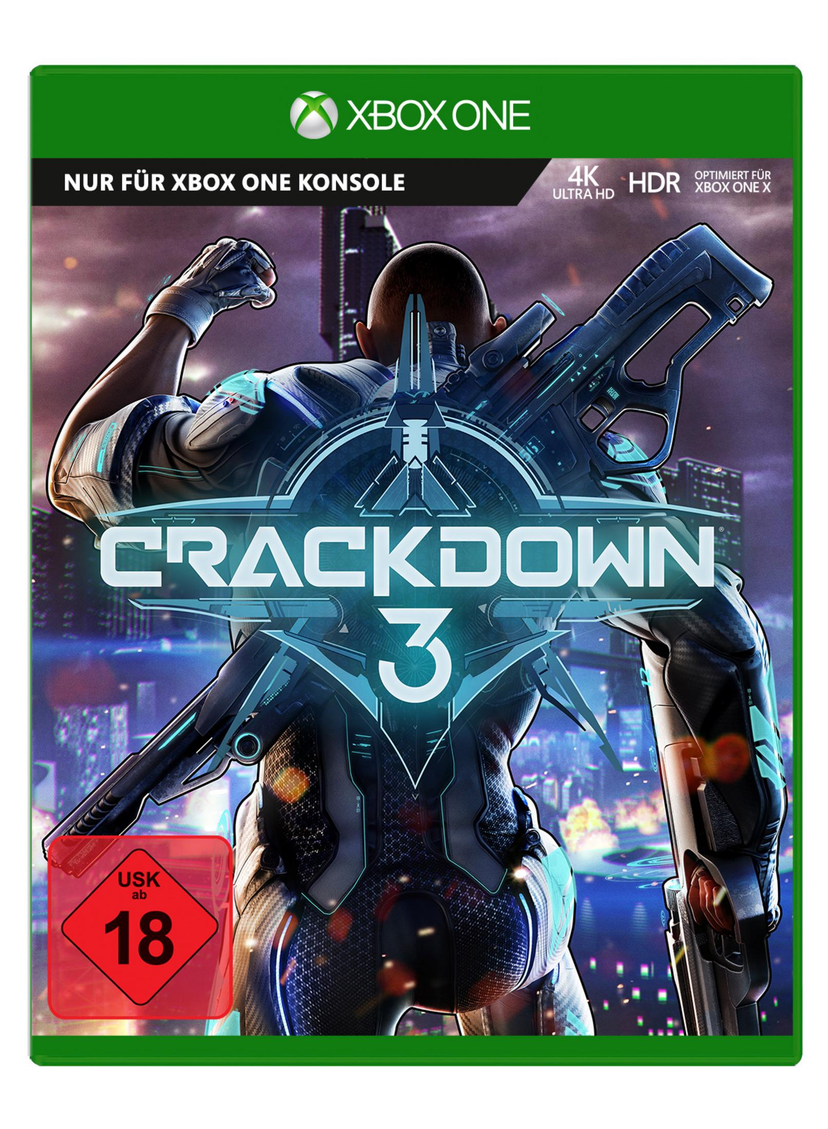 Okładka gry Crackdown 3. Mężczyzna z dużą bronią. Tło przedstawia miasto w nocy.