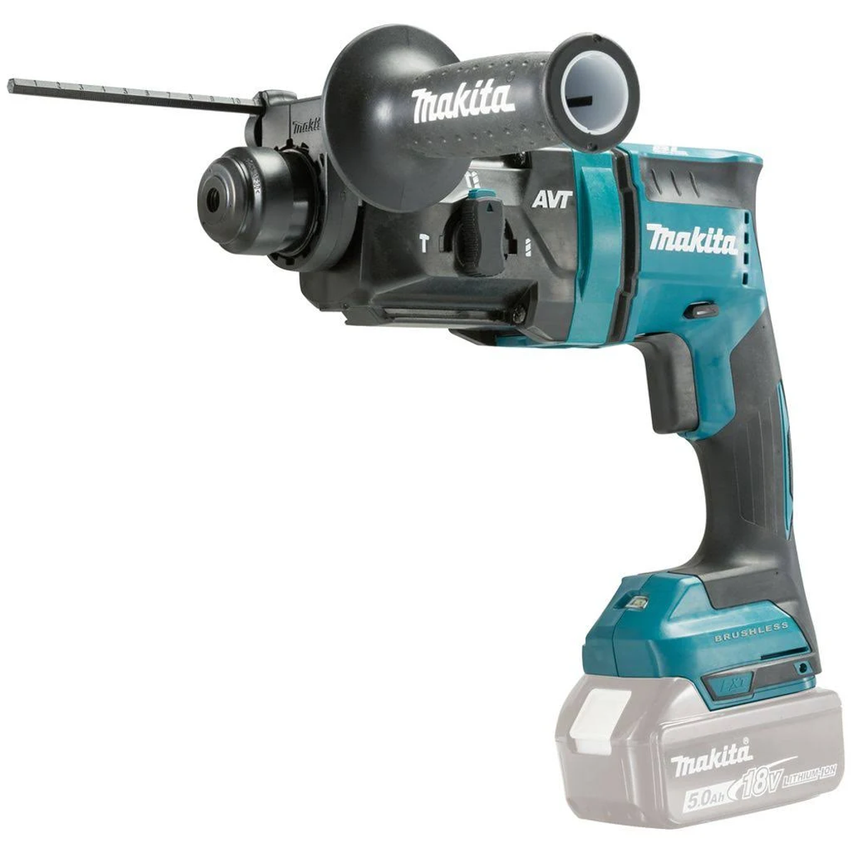 Un trapano a percussione rotativo Makita color verde acqua e nero con impugnatura nera e pacco batteria grigio.