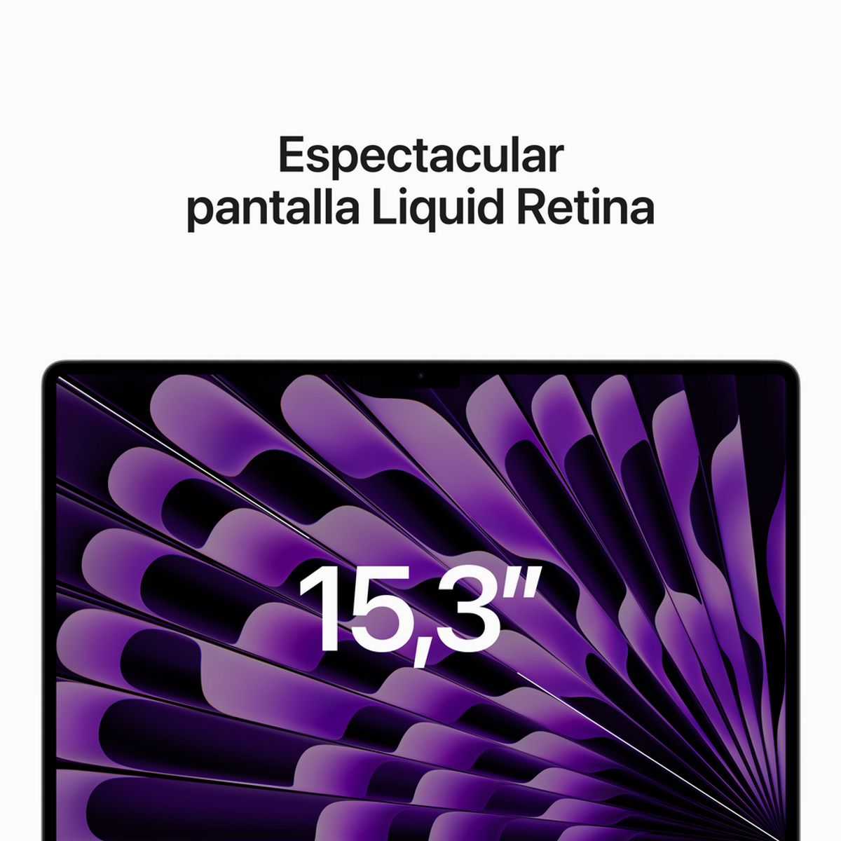 Pantalla de portátil mostrando 15,3", con texto en español encima. El portátil está cerrado.