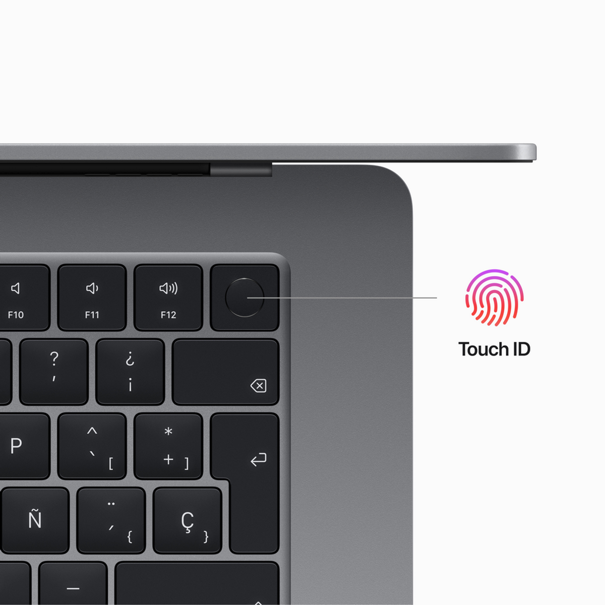Primer plano del teclado del portátil con botón Touch ID.