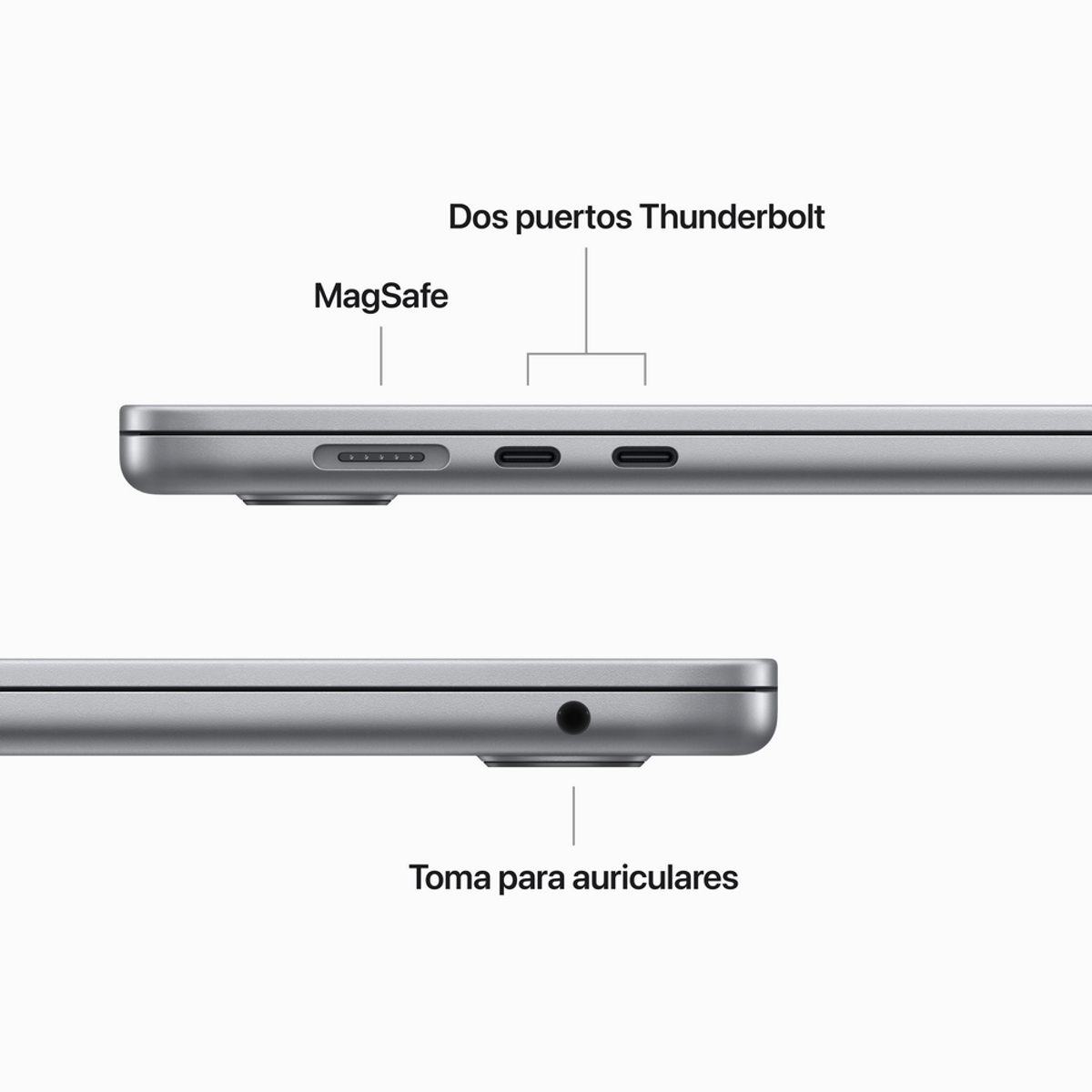 Primer plano de un portátil con MagSafe, dos puertos Thunderbolt y conector para auriculares.