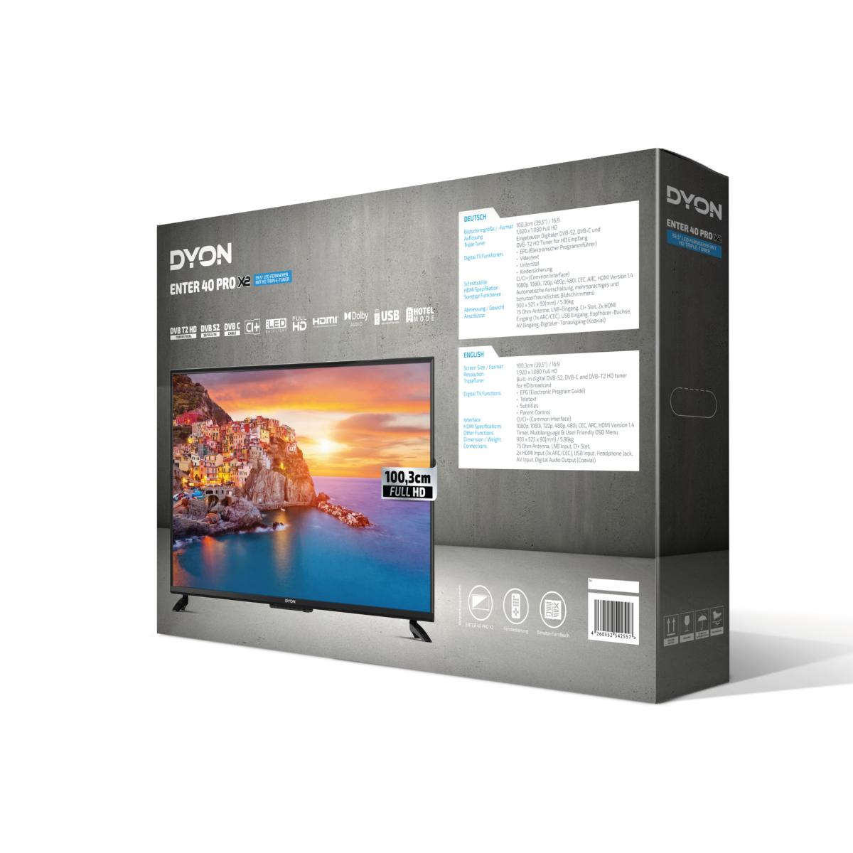 Pudełko TV z ekranem, który wyświetla krajobraz i specyfikacje produktu.