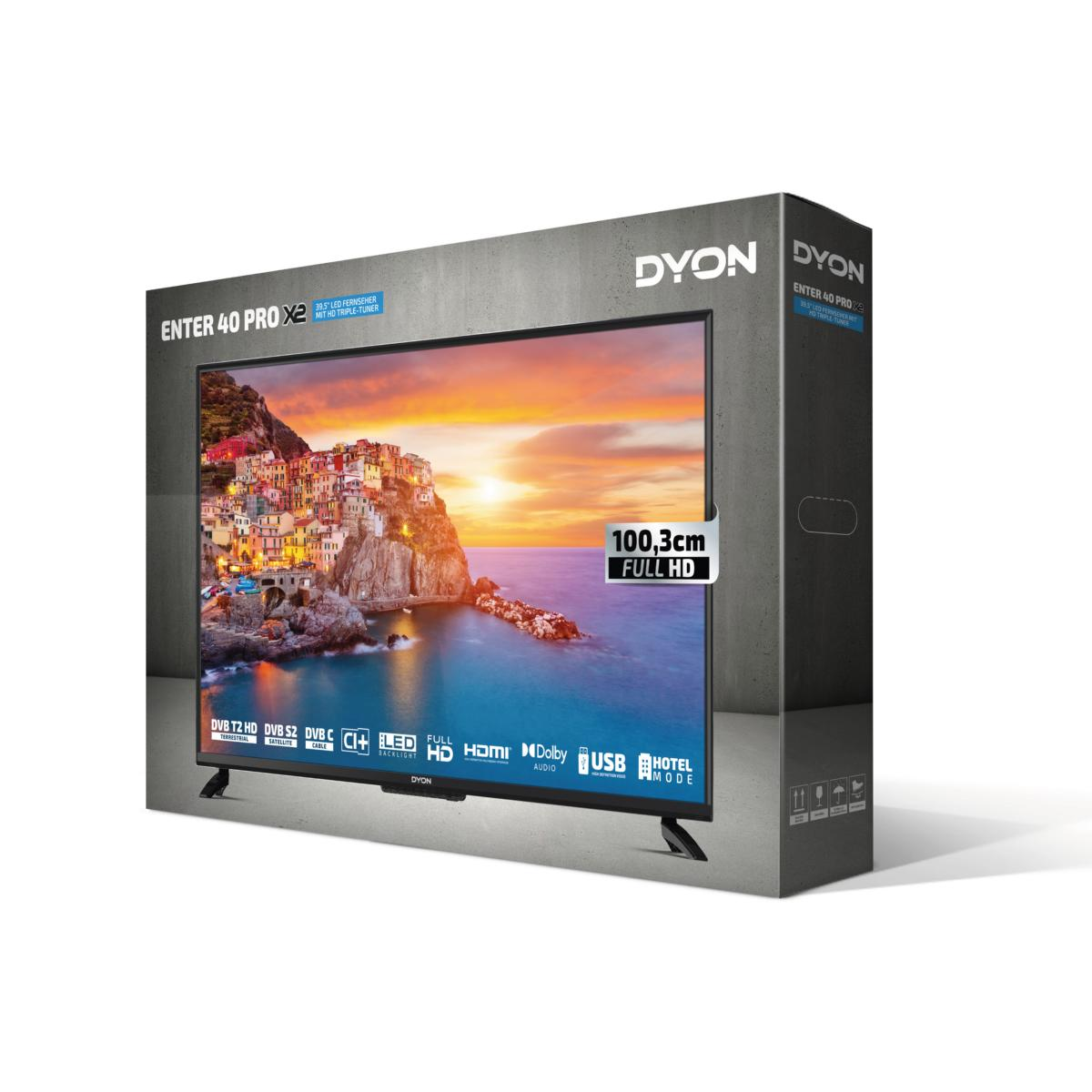 Pudełko TV z telewizorem pokazującym krajobraz, pudełko ma markę i specyfikacje.