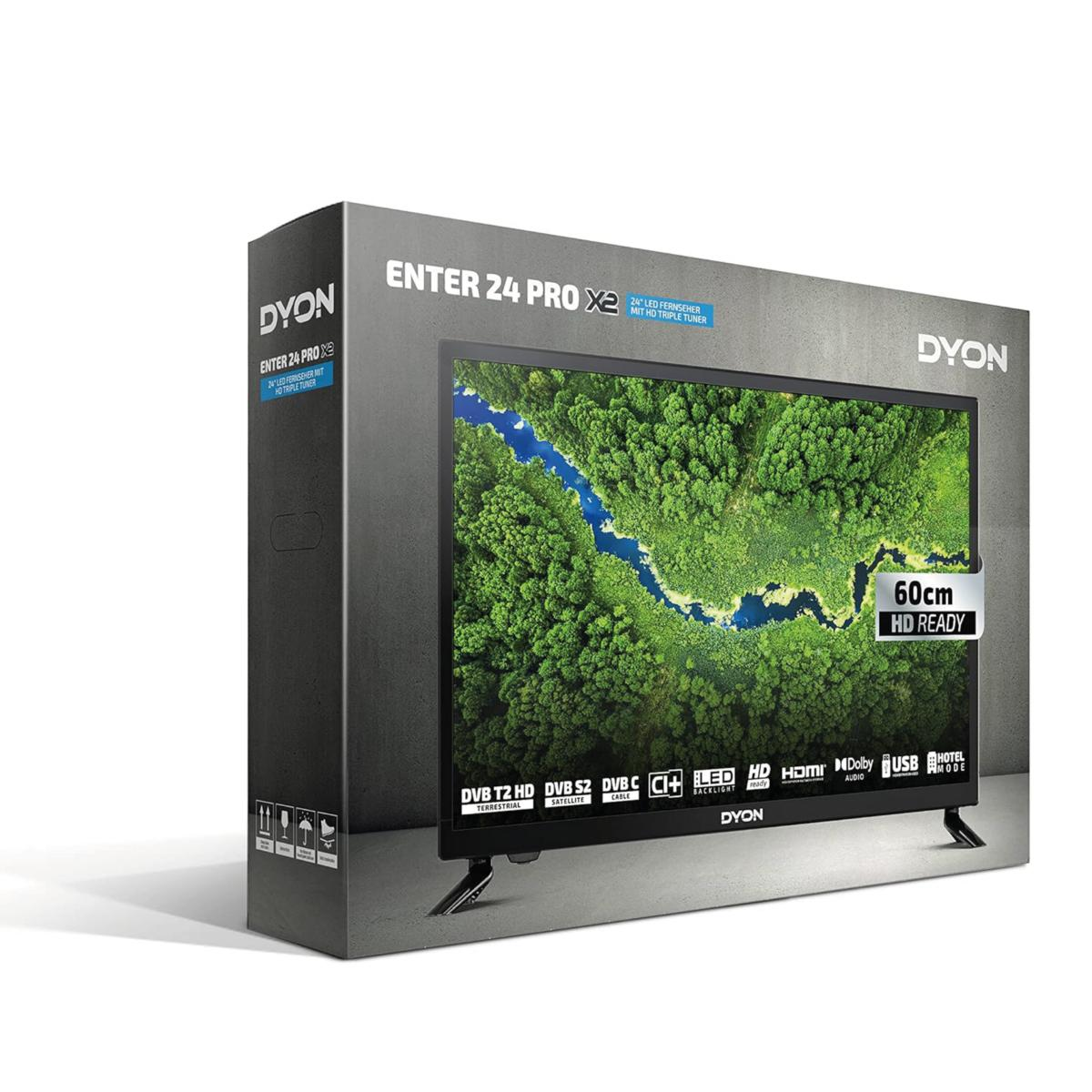 Pudełko z ekranem telewizora DYON, tekstem i obrazami, na białym tle.
