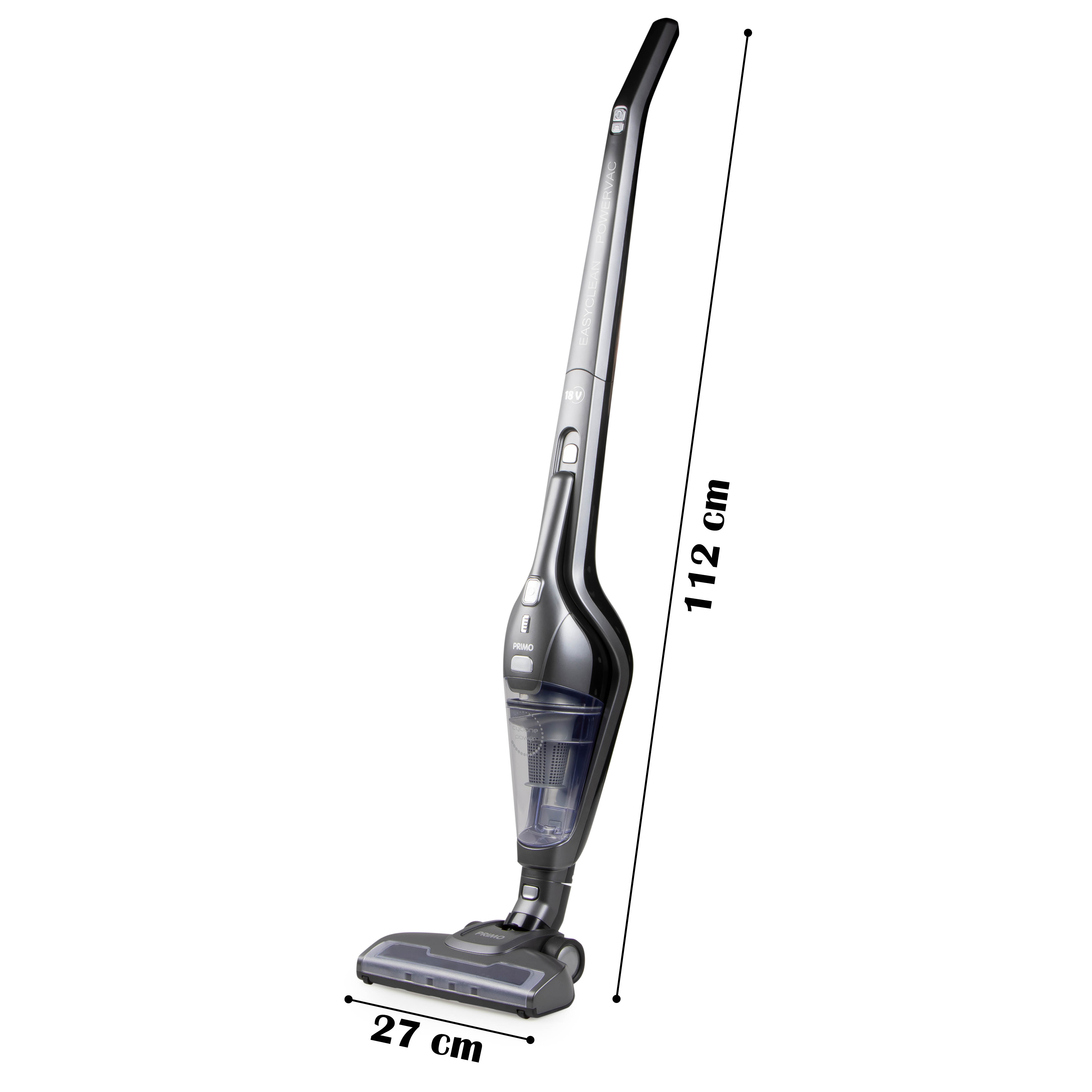 A black and grey cordless vacuum cleaner, with dimensions of 27cm by 112cm.