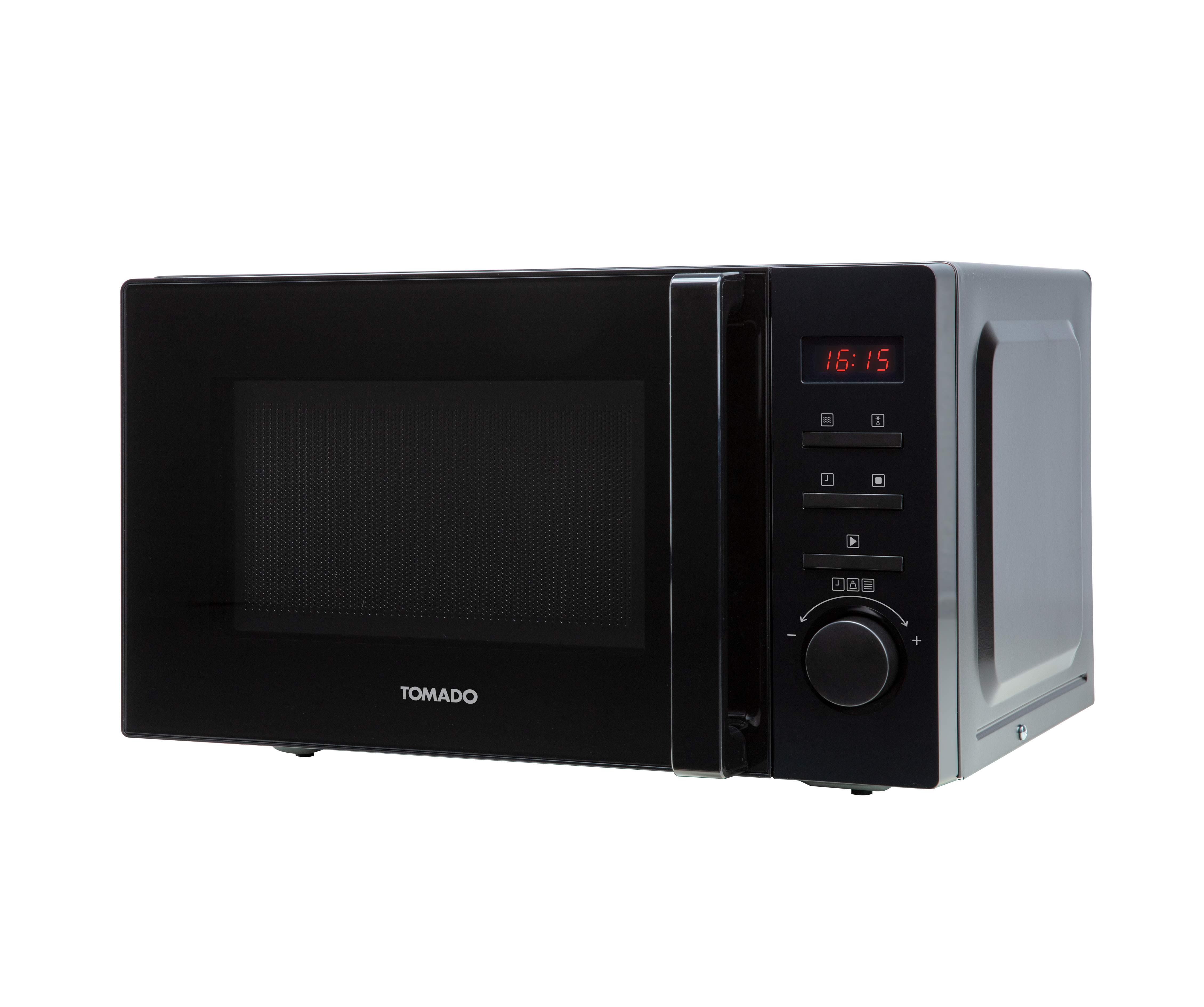 Black microwave oven, TOMADO brand. Digital display shows time, front view.