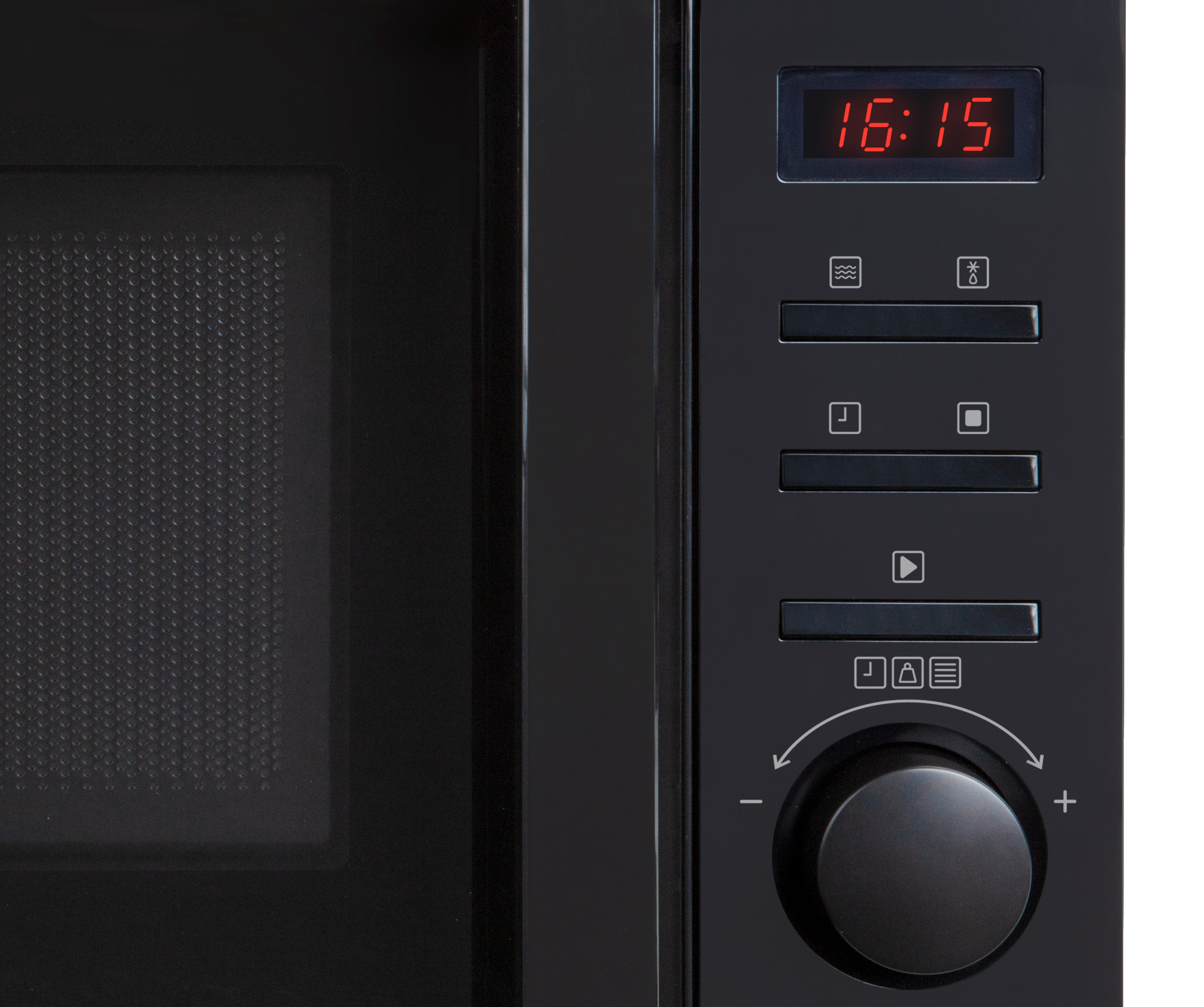 Microwave control panel, black with digital display showing 16:15. Various icons and a dial.