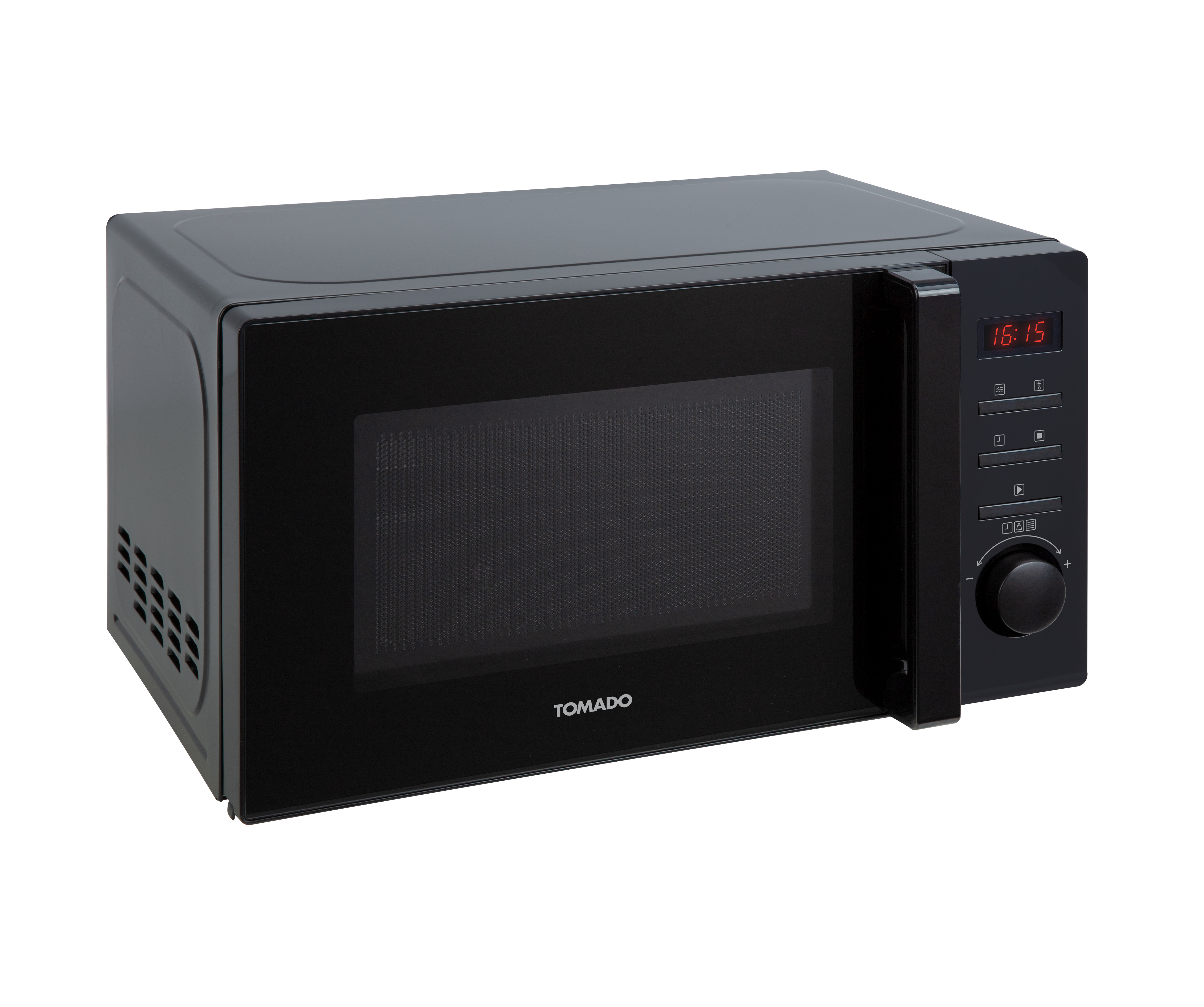 Black microwave oven with digital clock and control panel.