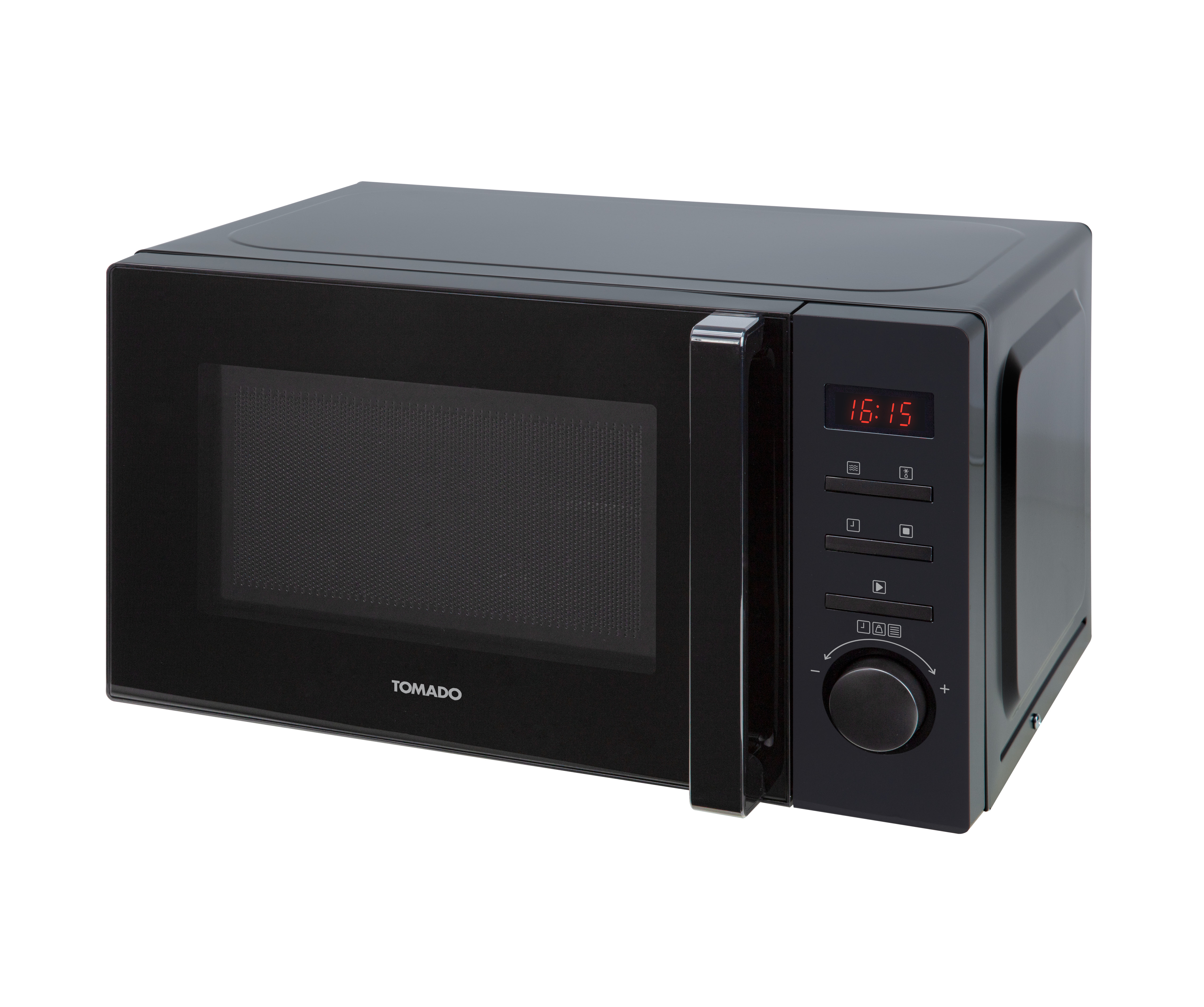 A black microwave oven with a digital display showing the time. The TOMADO brand is visible.