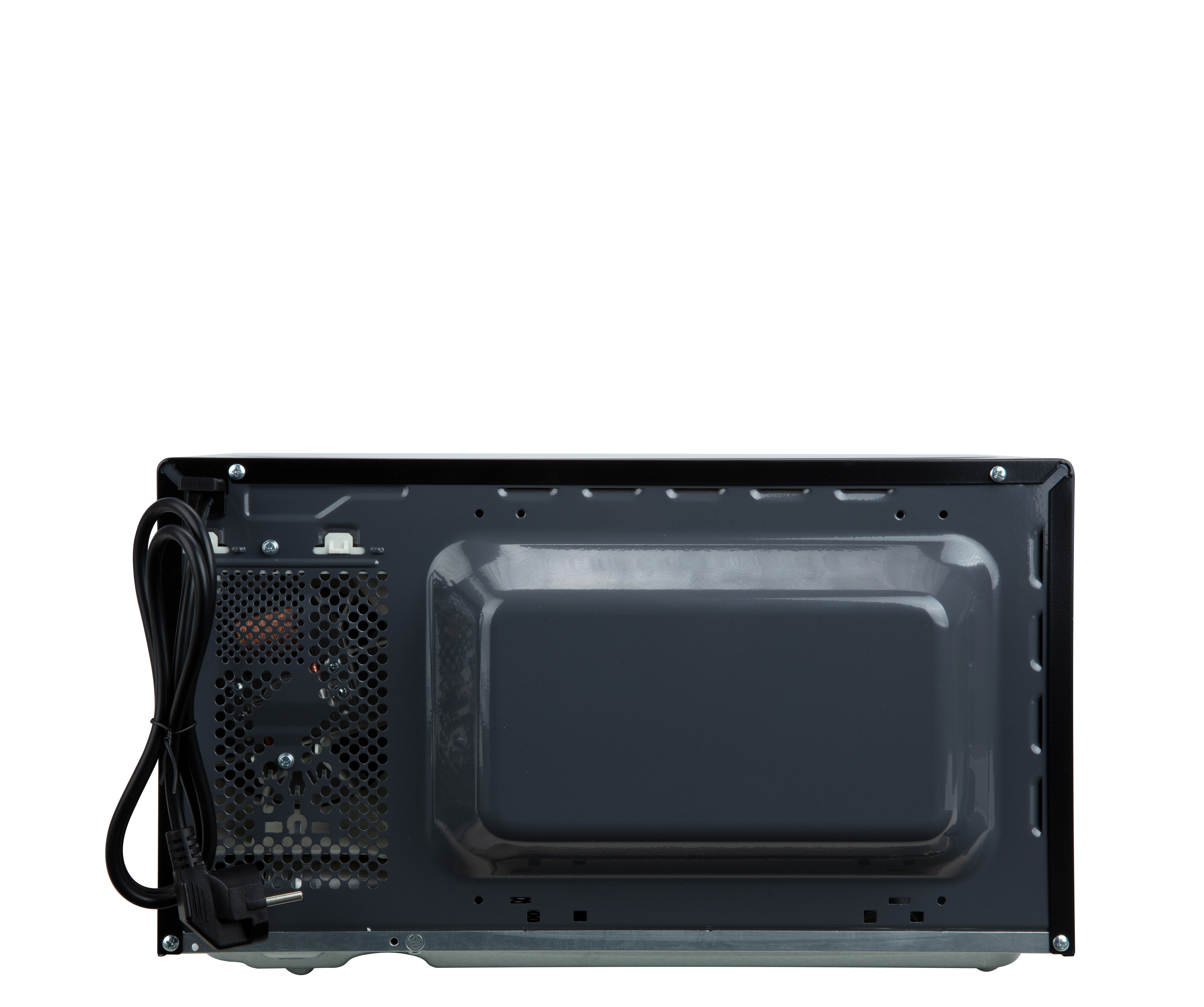 Back of a microwave oven, black and gray with a power cord and vents, set against a white background.