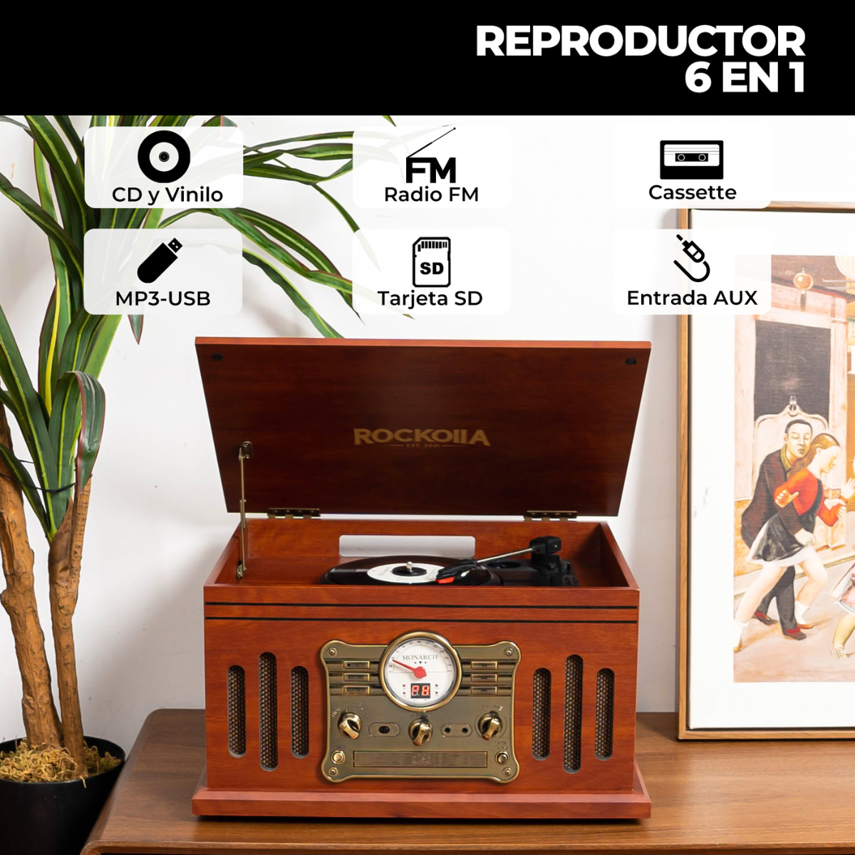 Un estéreo de madera vintage con un disco de vinilo en el tocadiscos, con iconos de funciones.