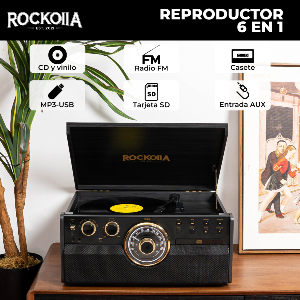Sistema estéreo vintage con tocadiscos, radio y otras opciones multimedia. Superficie de madera.
