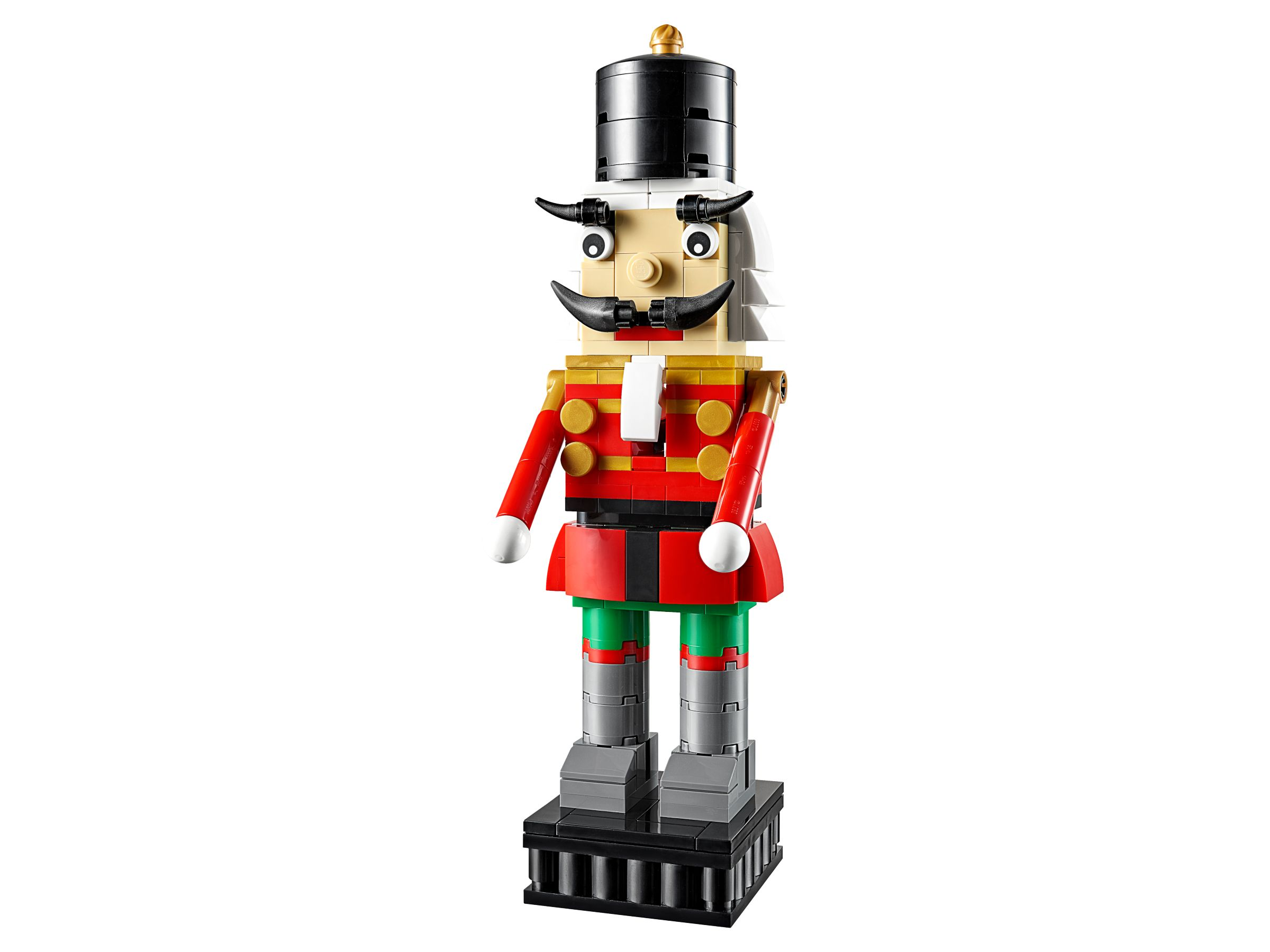 Eine Lego Nussknacker-Soldatenfigur, rote Jacke, schwarzer Hut und weißer Bart.