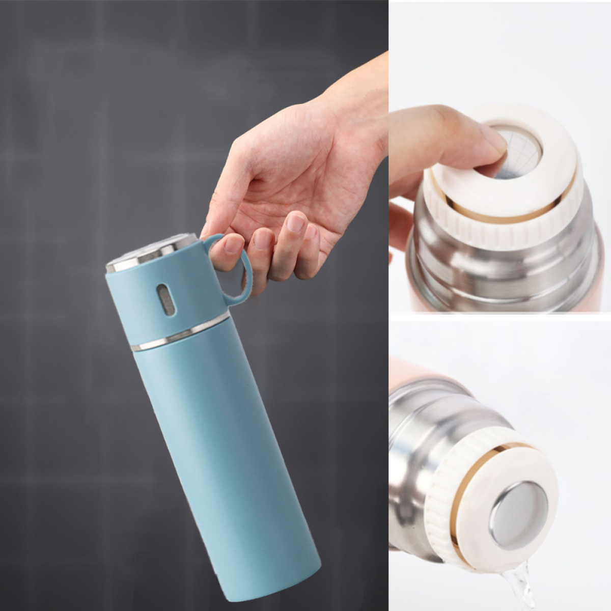 Eine Hand, die eine blaue Thermoskanne hält, mit Nahaufnahmen von Deckel und Öffnung.