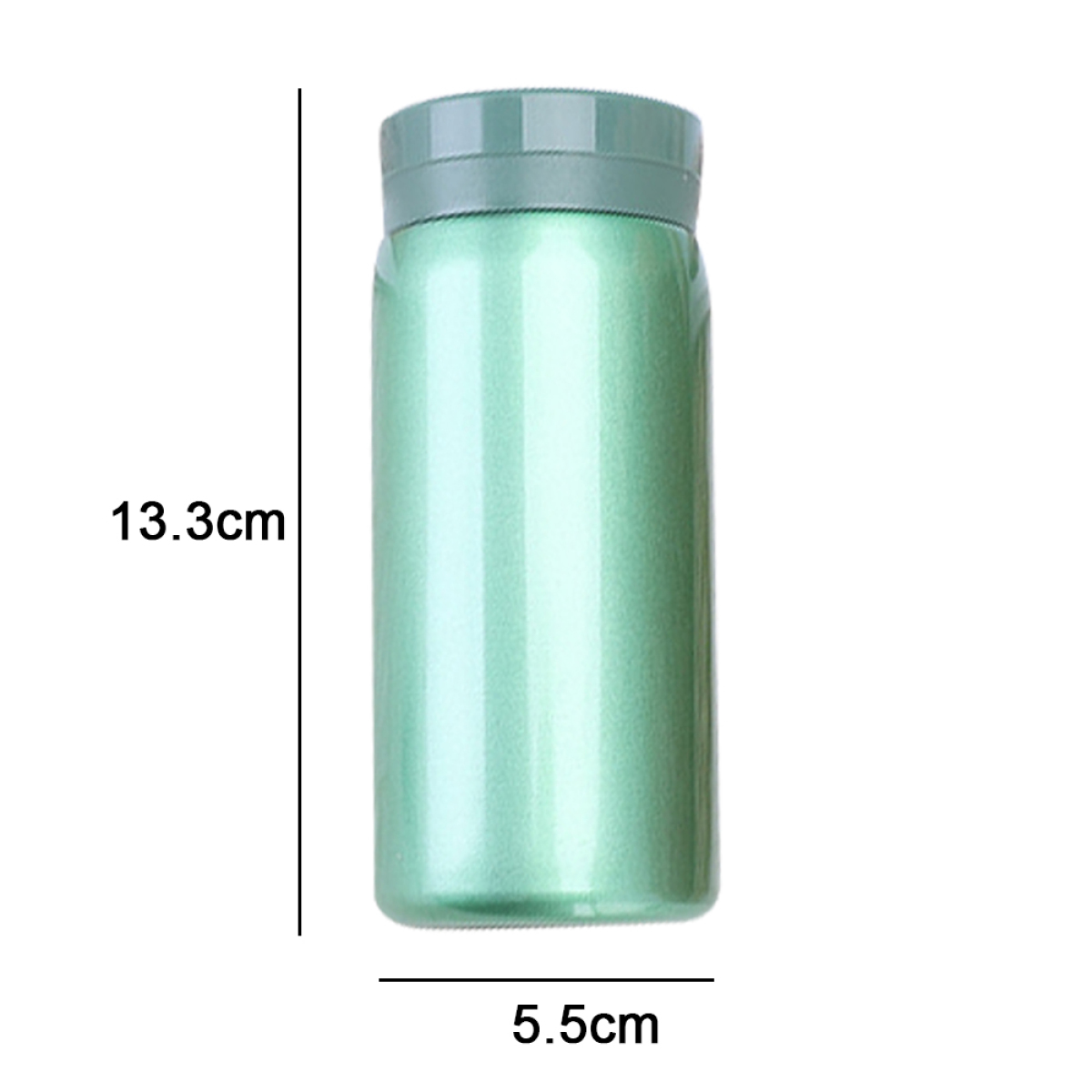 Grüne Isolierflasche mit grauem Deckel, Maße 13,3 cm hoch und 5,5 cm breit.