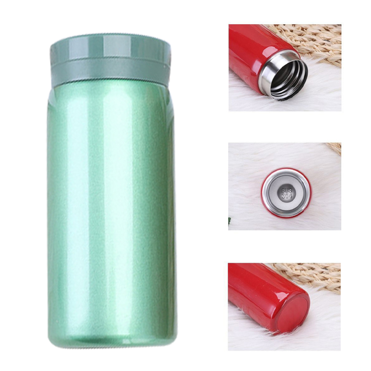Eine grün-silberne Thermosflasche mit zusätzlichen Bildern.