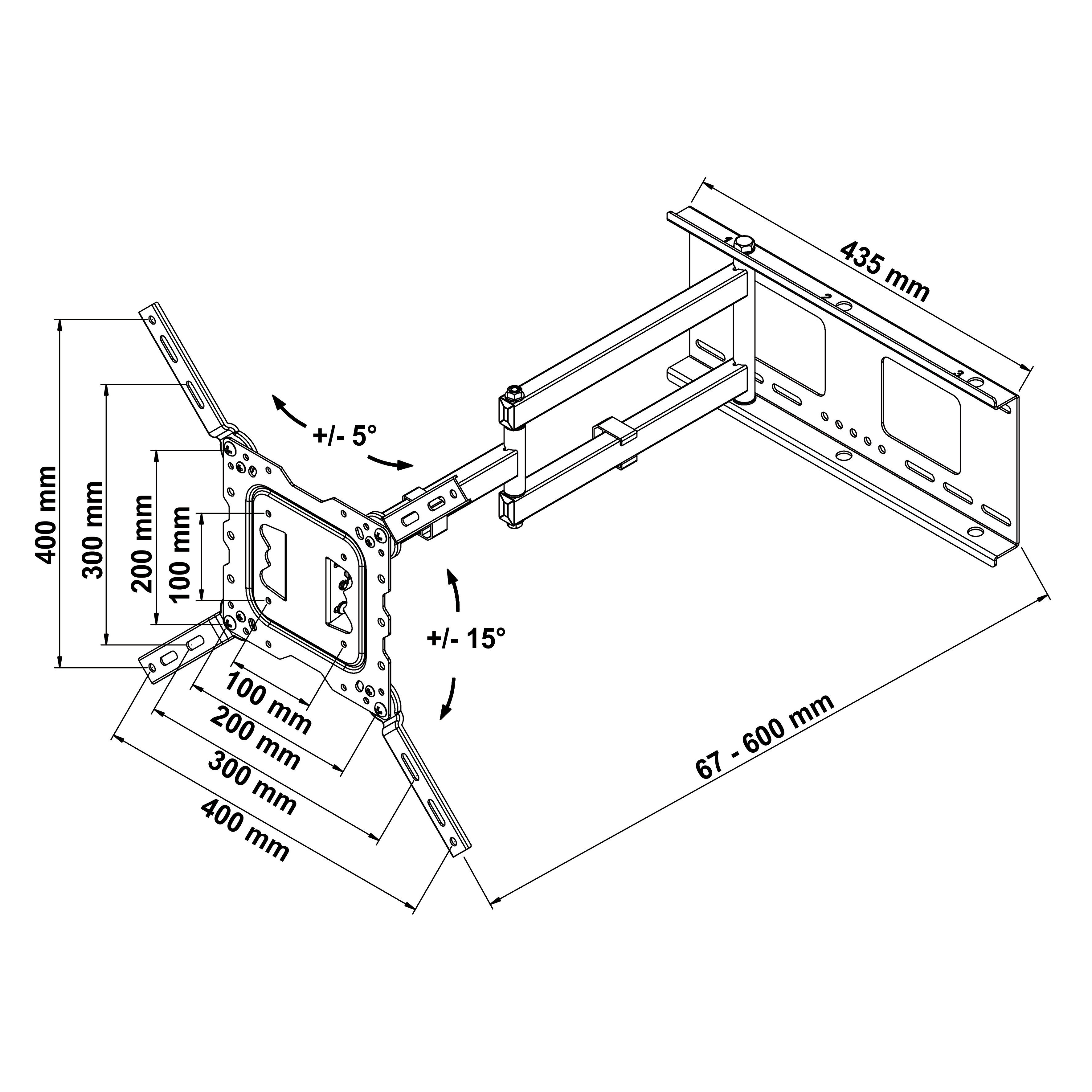 Diagramma di un supporto a parete per TV, con dimensioni e angoli indicati.