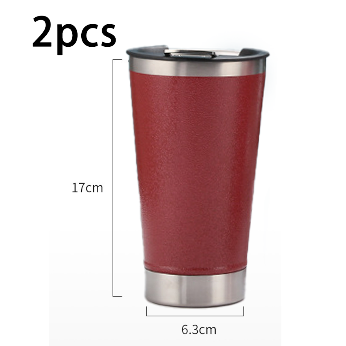 Zwei rote isolierte Reisebecher mit schwarzen Deckeln, 17 cm hoch.
