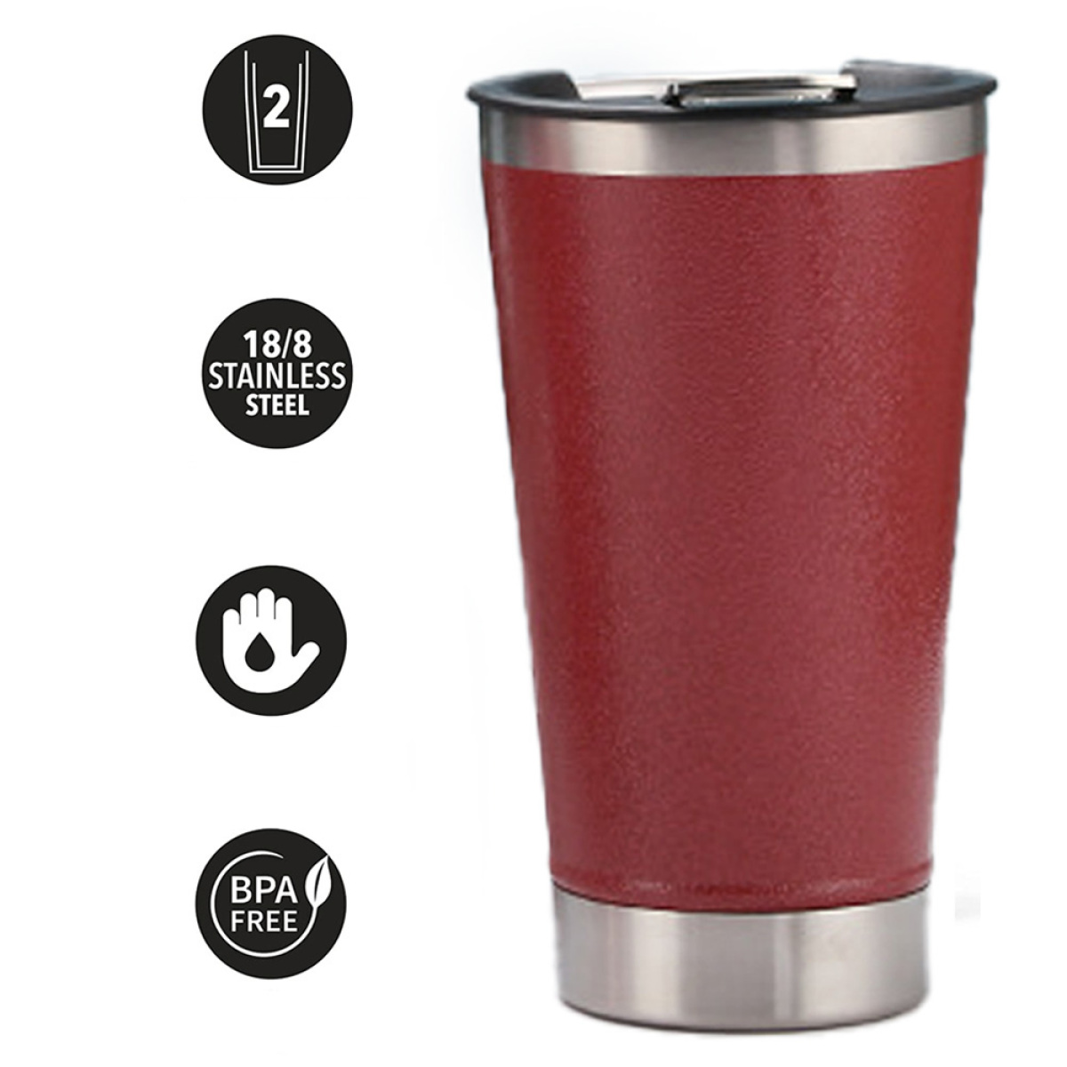 Roter isolierter Becher mit Deckel und Icons: 2 Gläser, Stahl, Hand, BPA-frei.