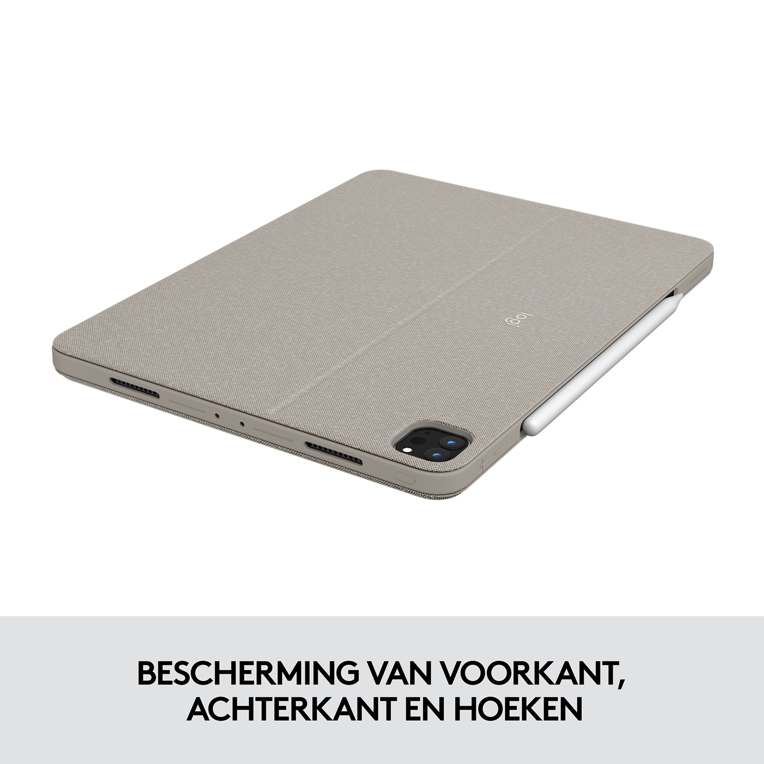 Funda beige para tableta con lápiz. Texto: Protección del frente, la espalda y esquinas.