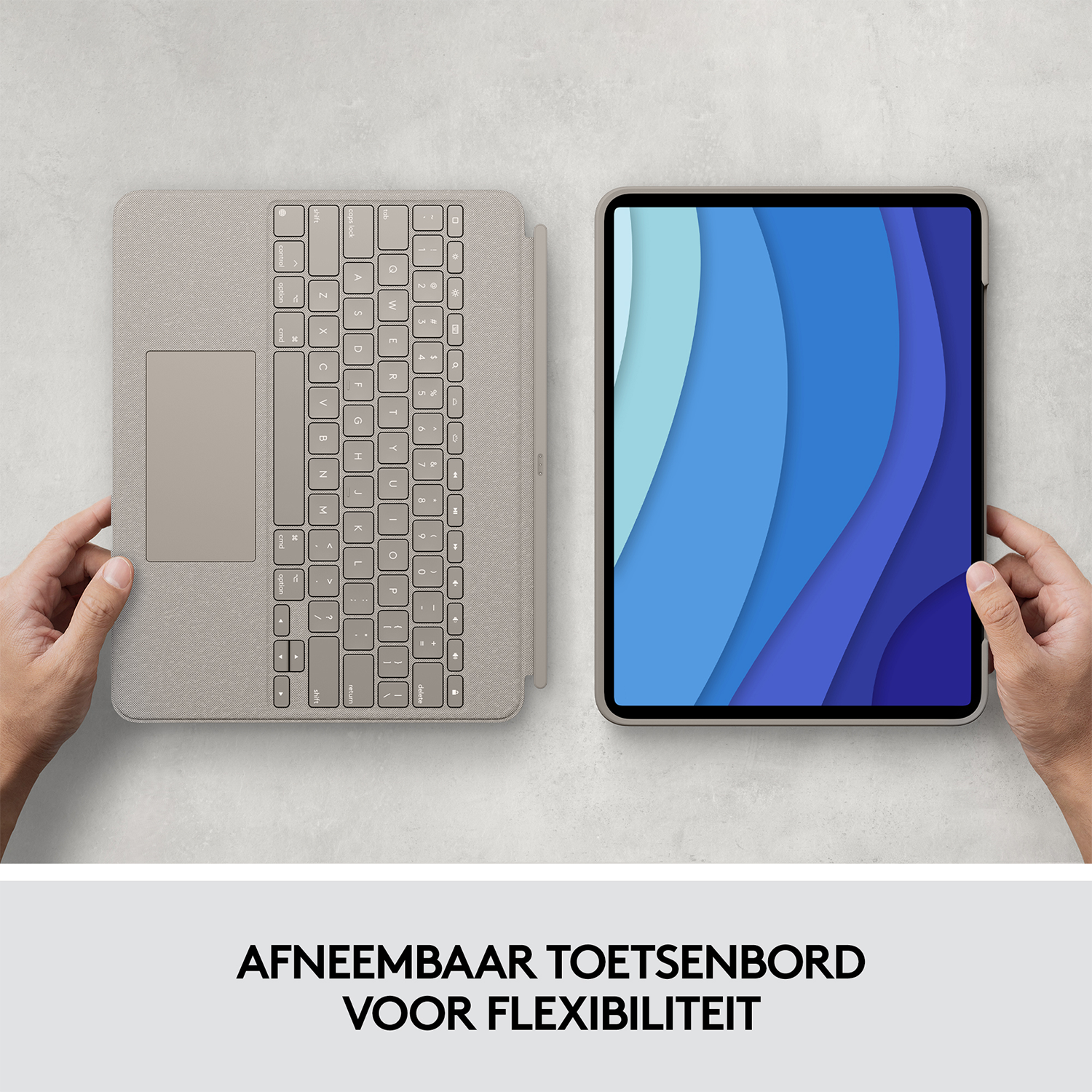 Manos sosteniendo iPad y teclado. Texto: teclado desmontable para flexibilidad.