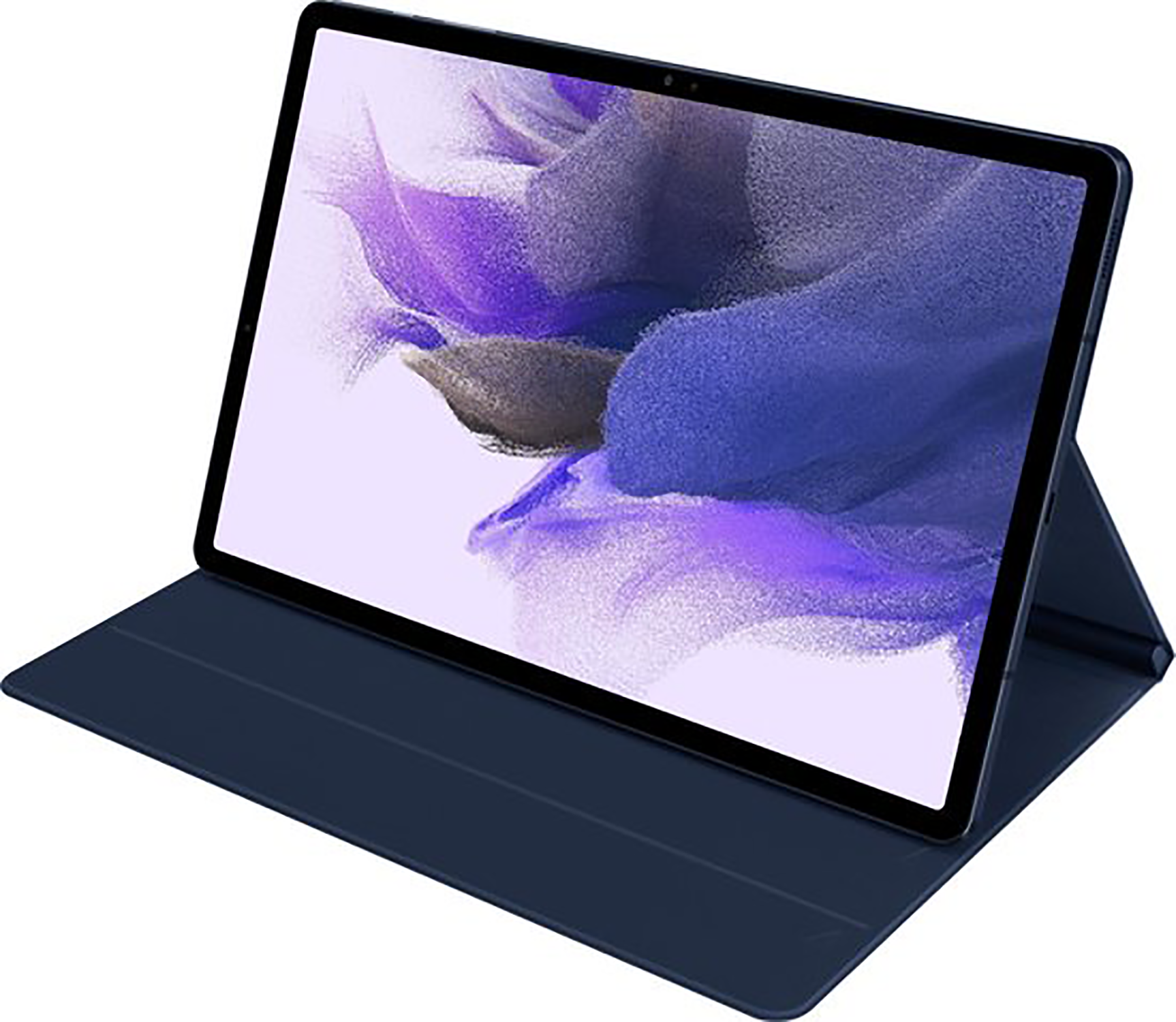 Un tablet blu con una custodia blu scuro, aperto su una superficie.