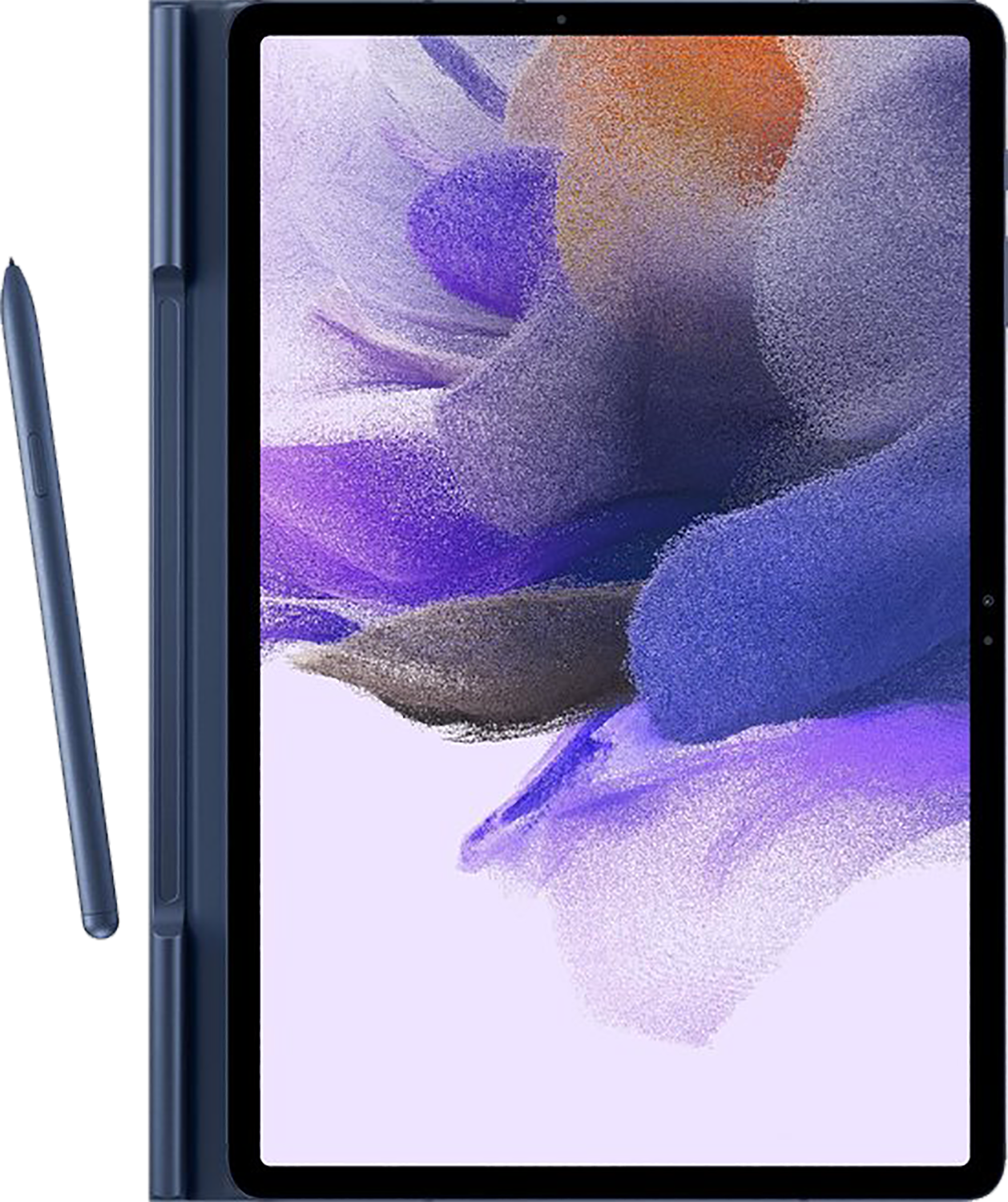 Un tablet blu con stilo, su sfondo bianco e viola.