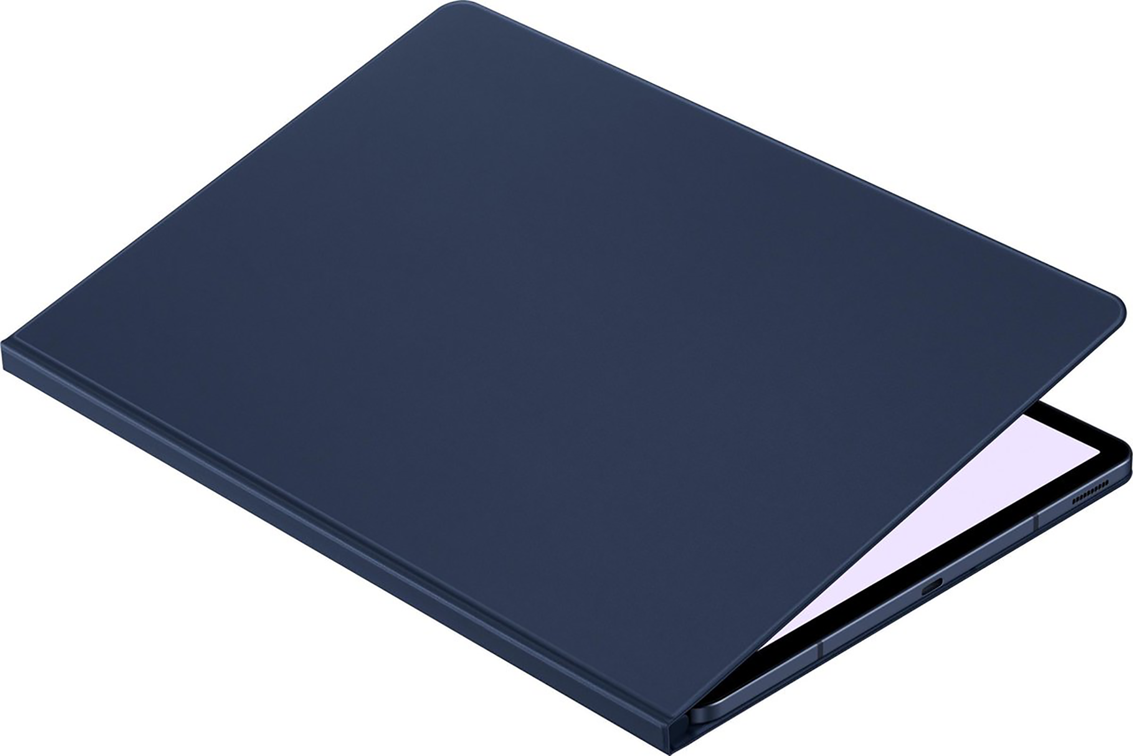 Custodia blu per tablet, parzialmente aperta, rivela schermo bianco. Copertina blu scuro.