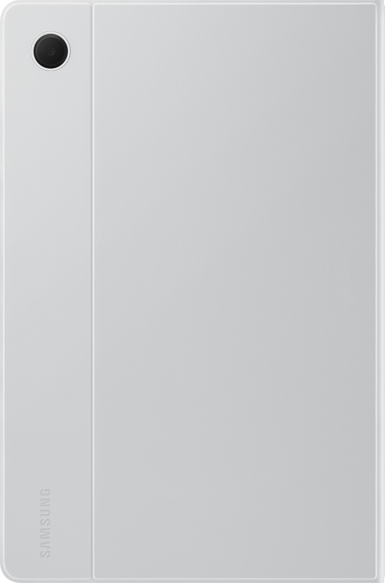 Tableta blanca, vista trasera. Incluye una cámara y un logotipo de Samsung.