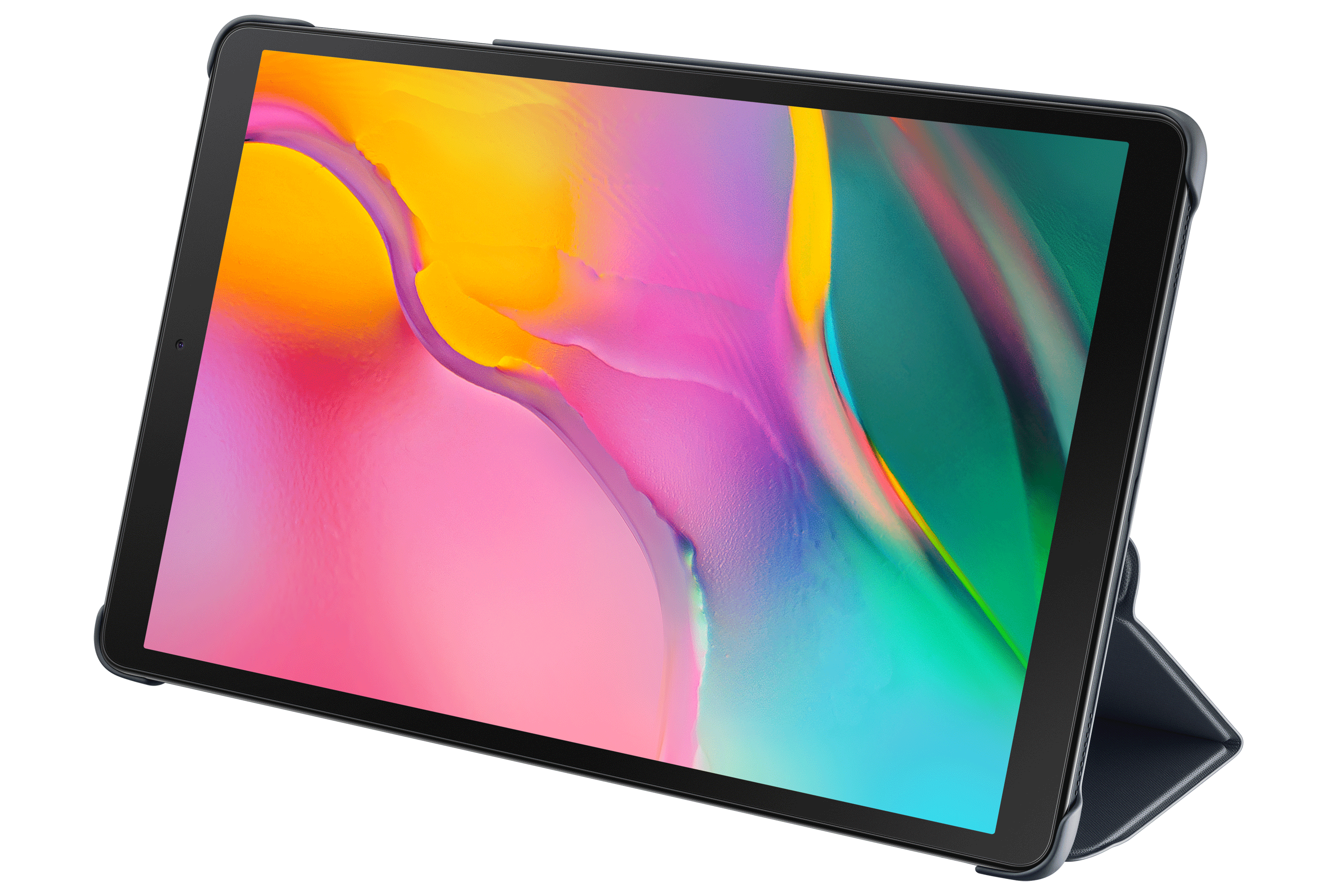 Tableta en una funda. La pantalla muestra una interfaz colorida. Funda negra con soporte.
