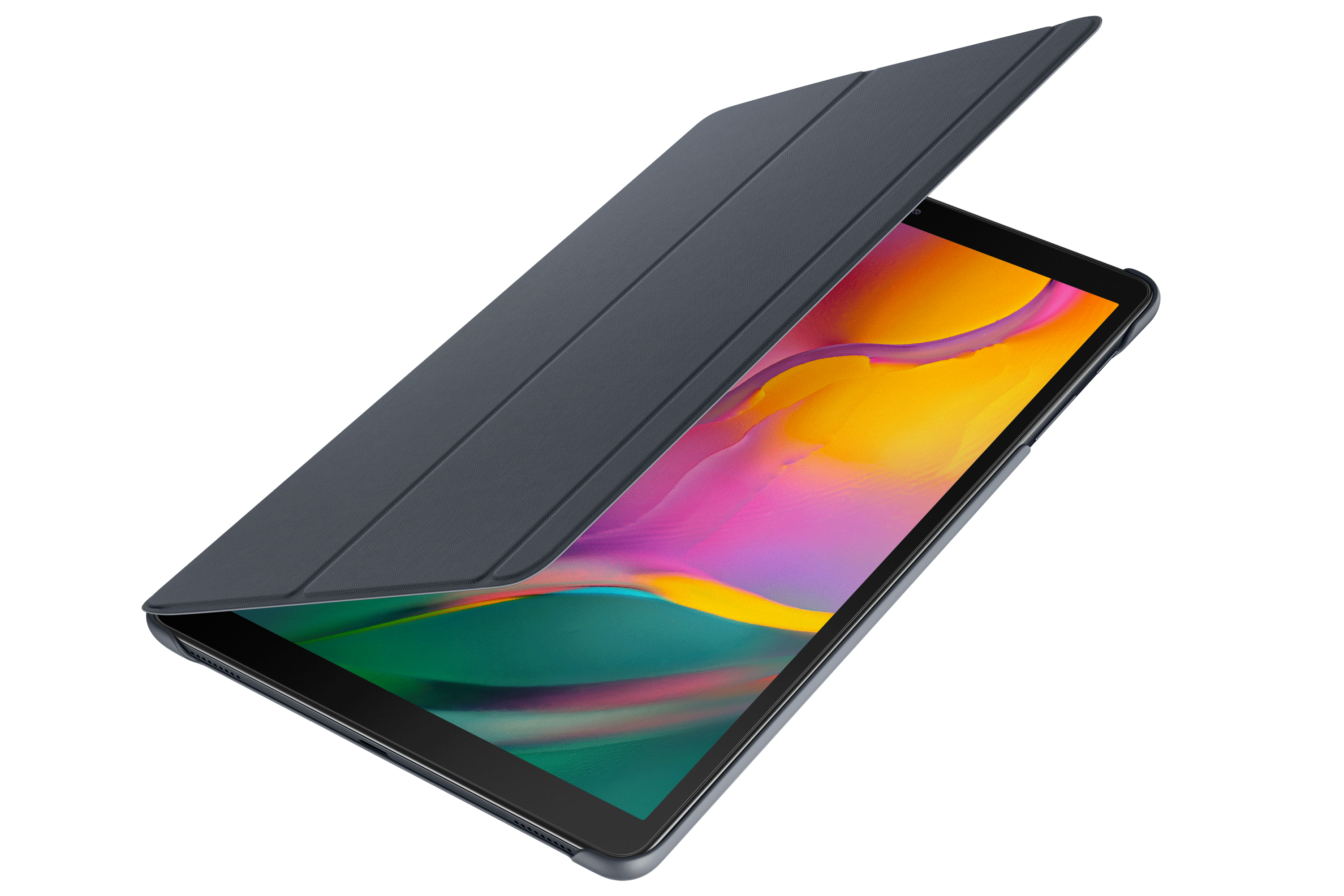 Tableta con funda, ligeramente abierta. Pantalla muestra interfaz colorida. Funda azul oscuro, fondo negro.