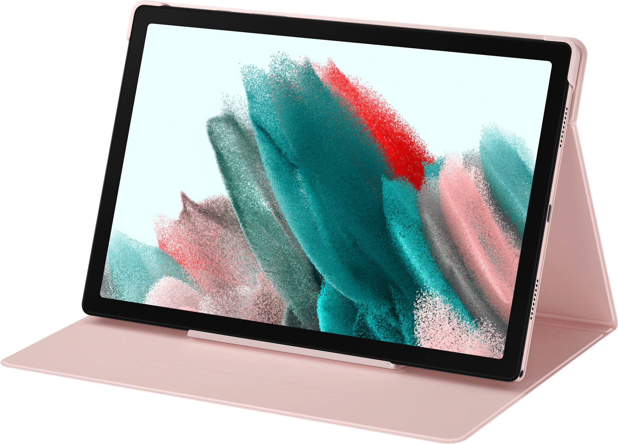 Ein rosa Tablet mit Hülle. Der Bildschirm zeigt ein abstraktes Design. Ein Stift befindet sich im Etui.