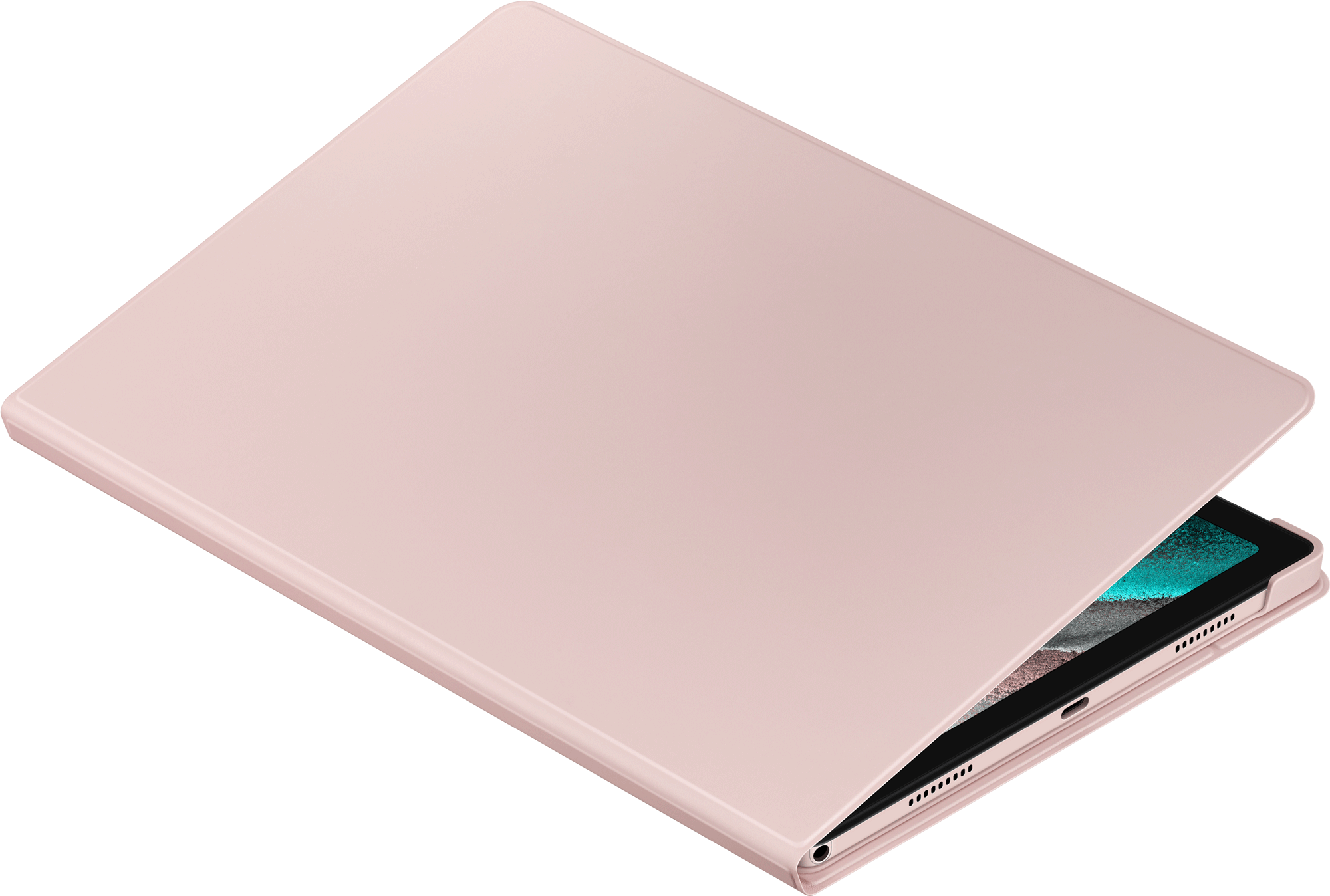 Ein rosa Tablethülle teilweise geöffnet, zeigt ein Tablet, auf schwarzem Hintergrund.