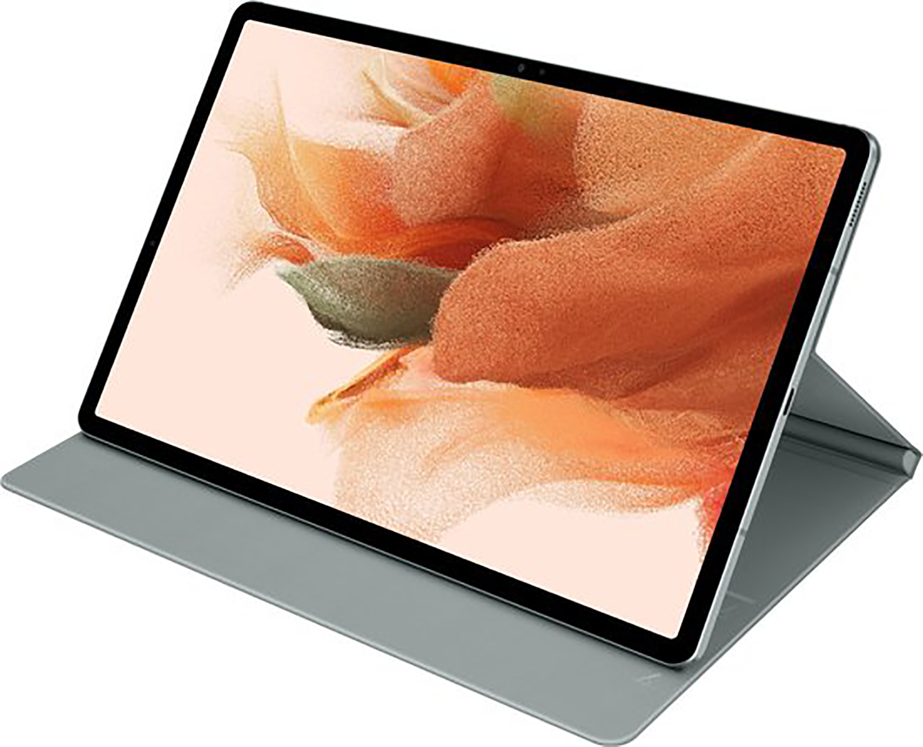 Tablette Samsung avec étui de protection. L'écran affiche une image floue. Étui gris.