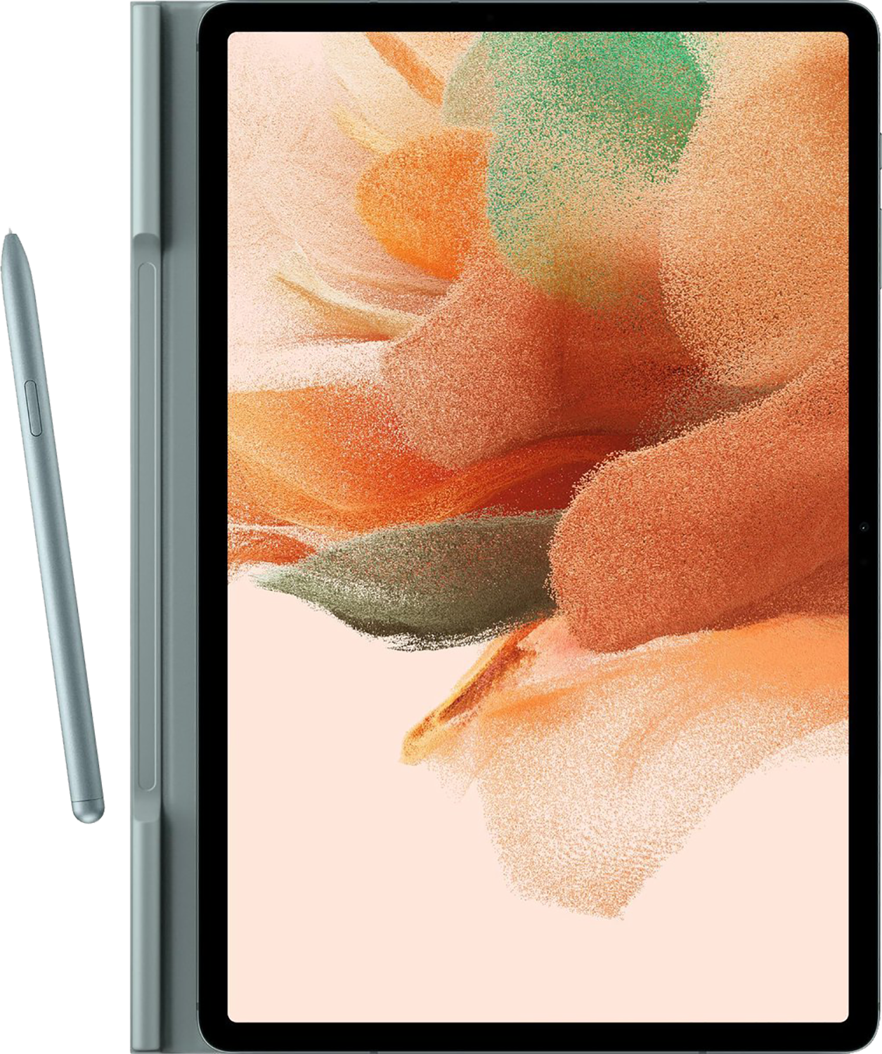 Tablette avec stylet, housse verte, montrant de l'art abstrait, sur fond blanc.