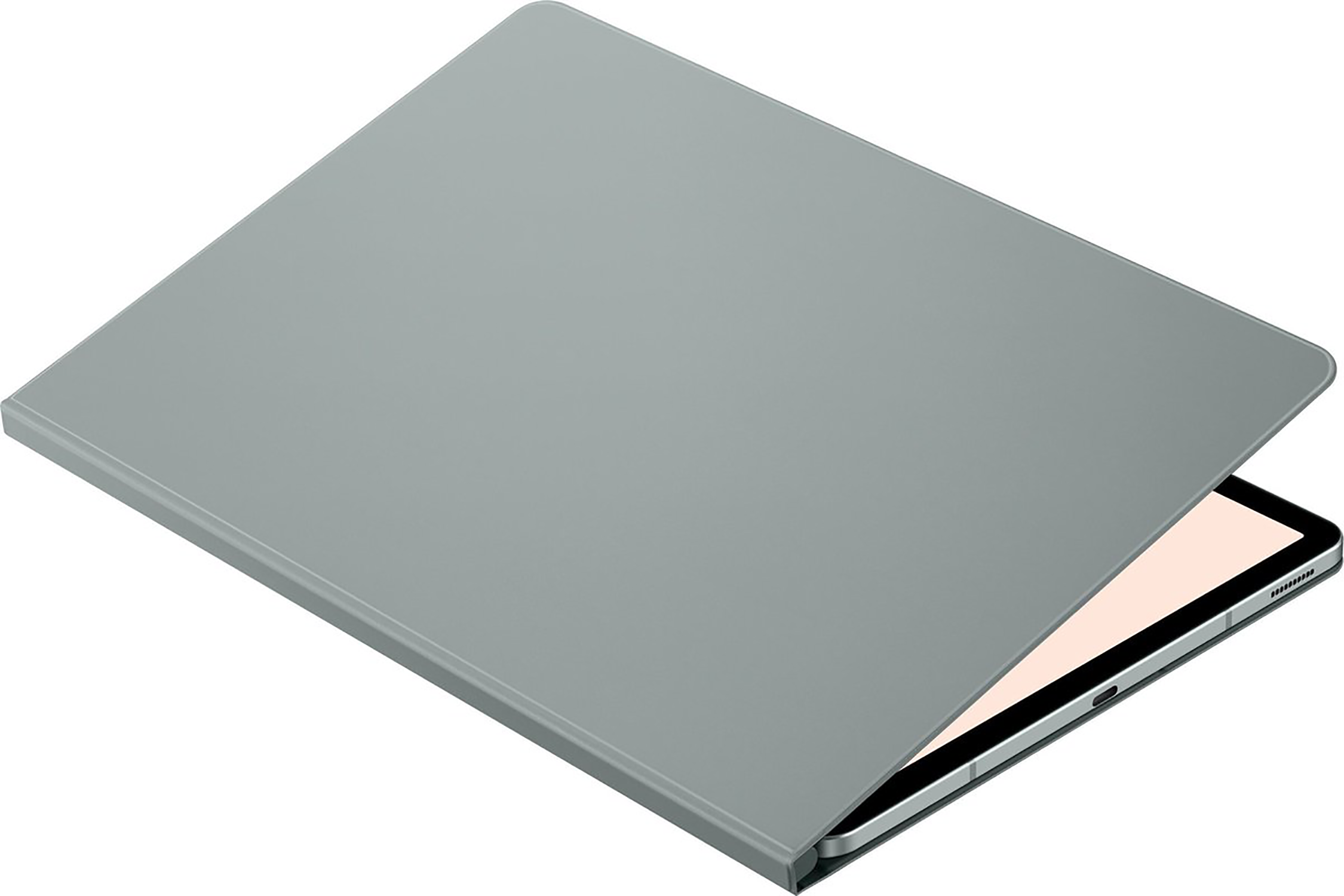 Étui de tablette gris partiellement ouvert, révélant l'écran. Couverture grise sur fond gris.