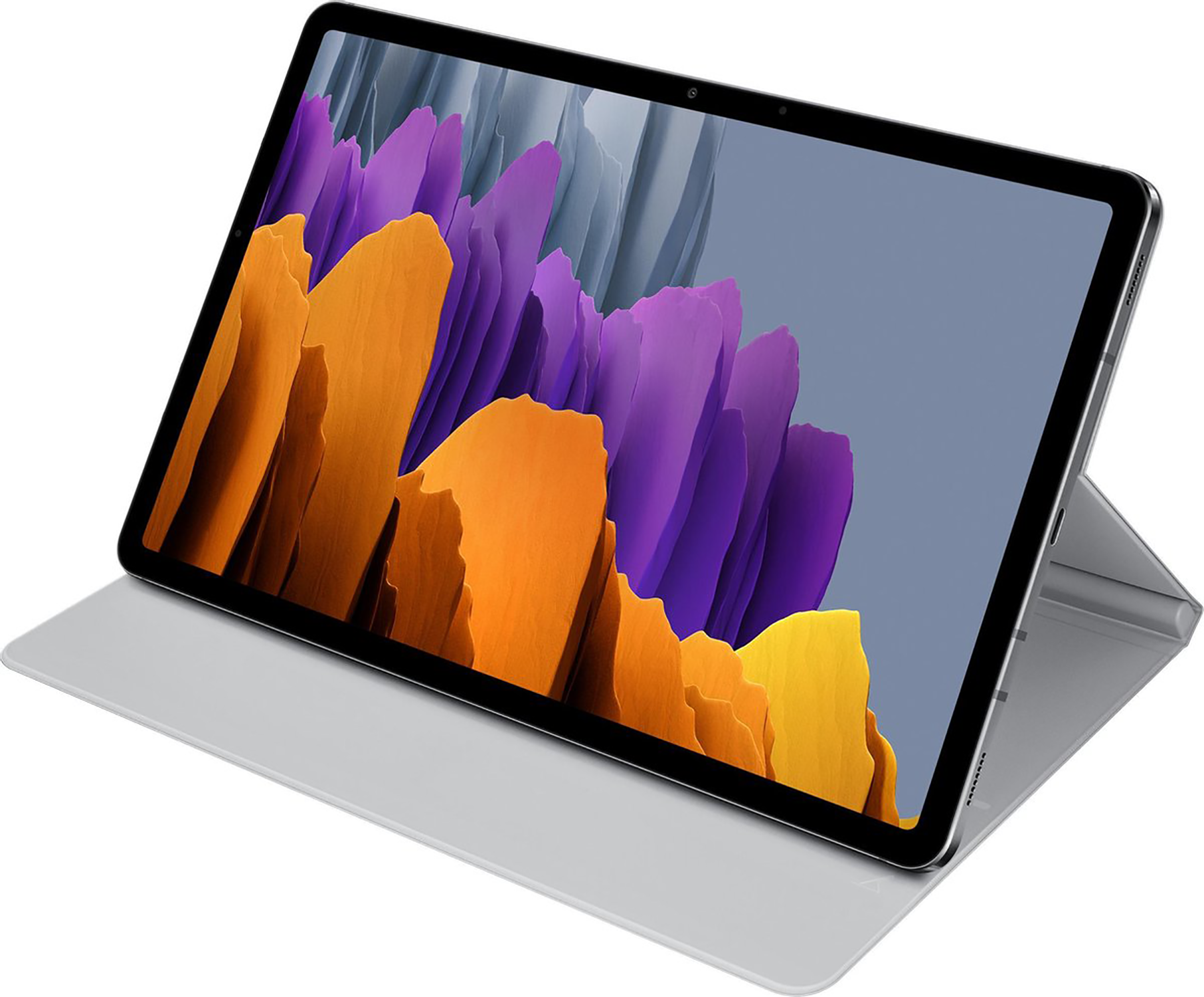 Tablet z etui z klawiaturą. Ekran wyświetla abstrakcyjne pomarańczowe i fioletowe kształty.